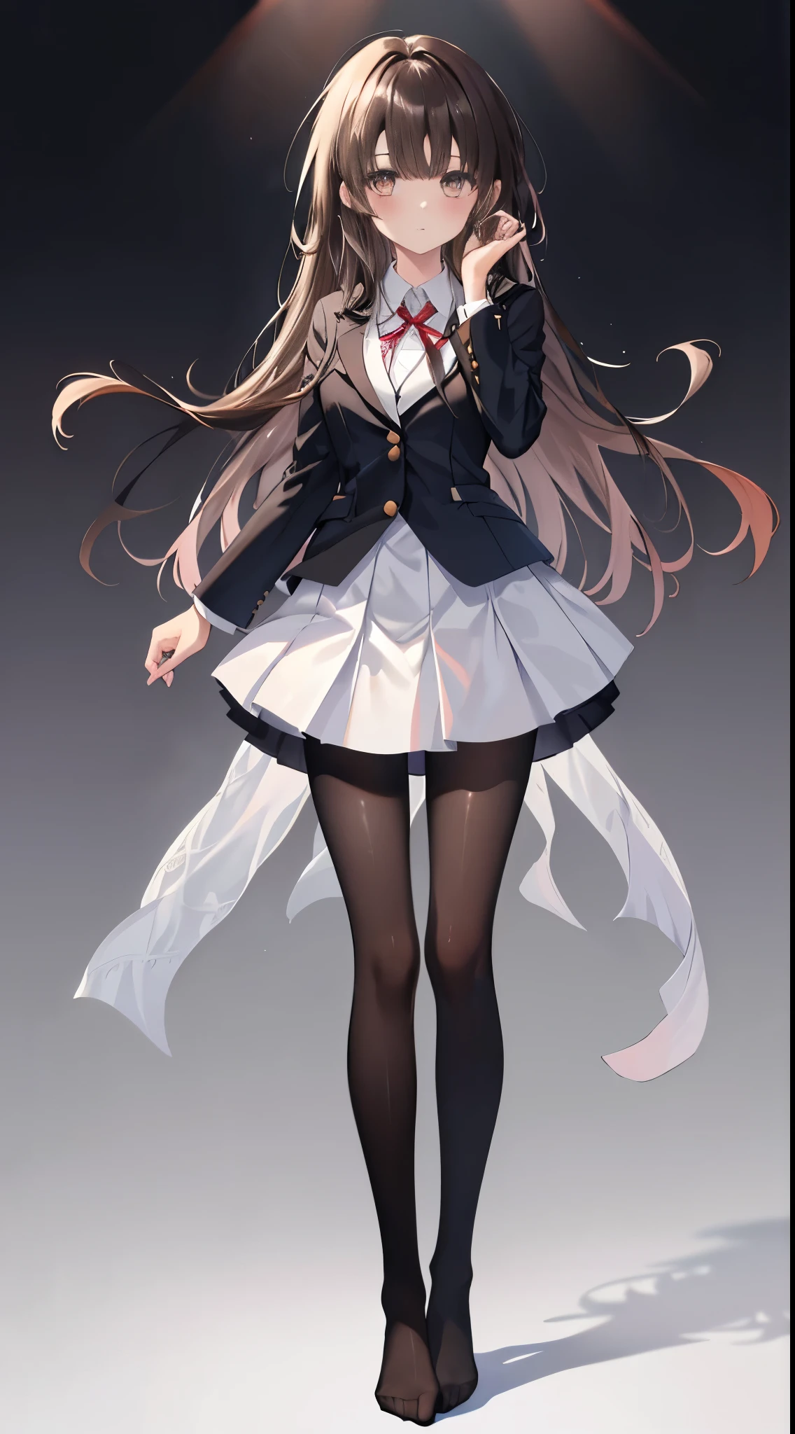 finest, masterpiece, High resolution, (Full body view from head to toe), front, frontやや下からの構図, Symmetrical, 18 year old girl, alone, (whole body from head to toe), small breasts, brown hair, slightly messy hair, long hair, bangs, (black tights), ( (black pantyhose), black pantyhose, (squating pose), show me your white panties, slender beautiful legs, とても美しい18 year old girl, (not wearing shoes), blush, shy big eyes, messy hair, looking at camera, show me your white panties, Blazer uniform appearance、Checkered pleated skirt、Pure white underwear