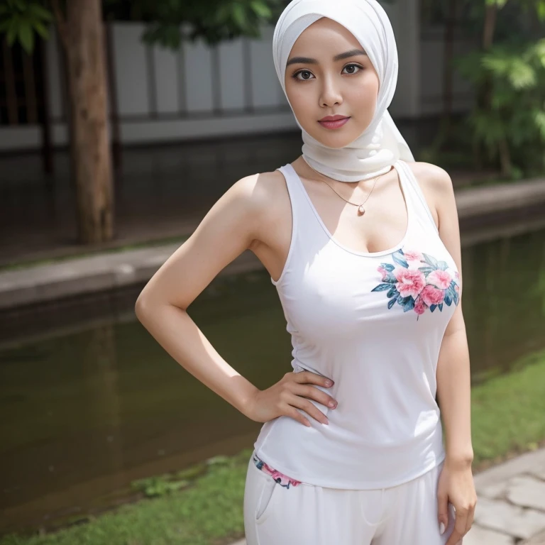 32 Years old, Indonesian mature woman, wearing Hijab, white skin like porcelain, Perfect body, Full body, natural Gigantic mature breast, Hard Nipple Erection, gorgeous eyes, Soft smile, wear a Tank top Floral Pattern, Tight Tank Top, Wet Tank Top, Sweaty body, Heart necklace, Breast about to burst out
