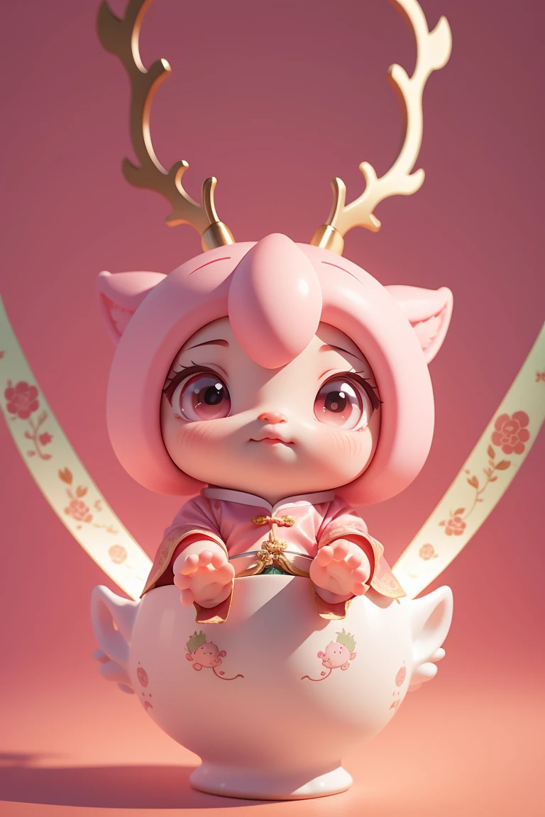 Q version，Cute baby dragon，Chinese style，Pink space，Festive atmosphere，Spring Festival，Cute antlers