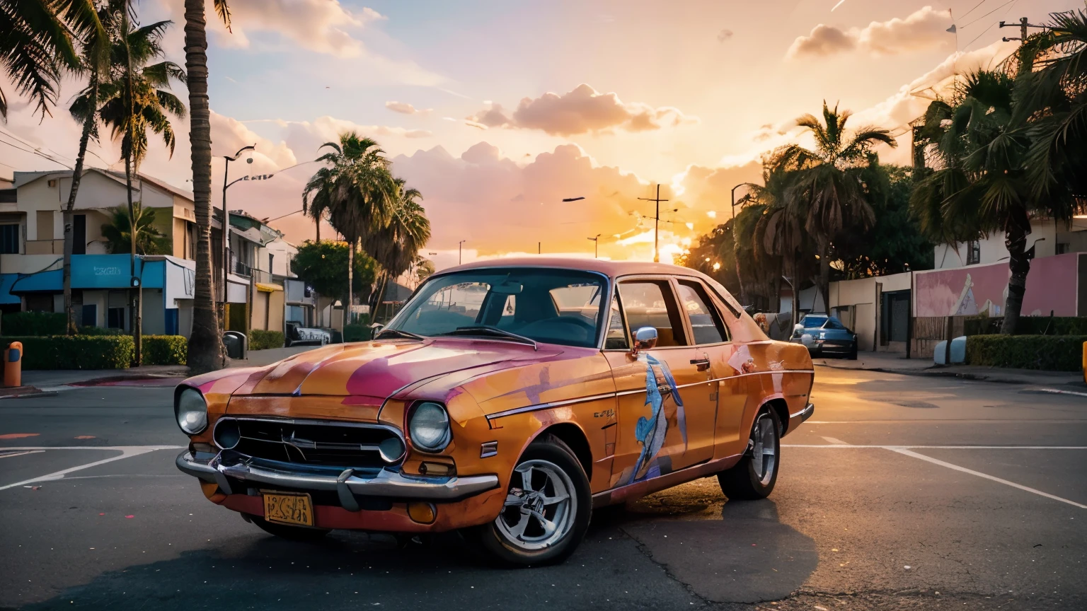A vibrant street scene with graffiti-covered walls, palm trees swaying in the sea breeze, and a stunning sunset painting the sky in shades of orange and pink. In the center of the scene, a purple vintage car stands out, splattered with vibrant blood-red paint. The artwork is created with meticulous attention to detail, capturing the intricate designs of the graffiti and the delicate movements of the palm trees. The overall image quality is of the highest standards, with a resolution of 4K or 8K and an ultra-detailed and photorealistic rendering. The colors are vivid and vibrant, enhancing the visual impact of the artwork. The lighting is carefully crafted to showcase the depth and atmosphere of the scene, with the sunset casting a warm, golden glow on everything it touches.