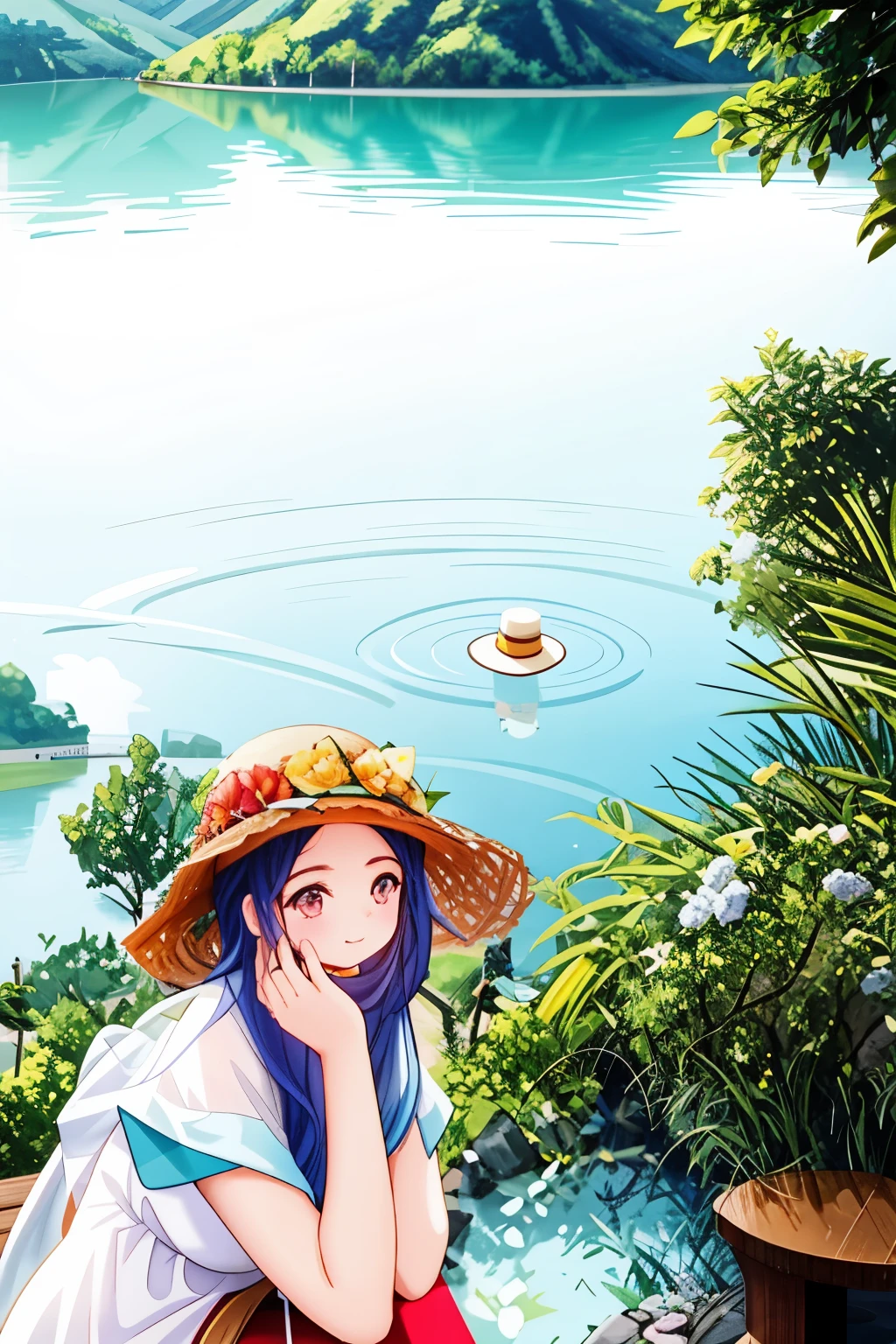 There is a woman wearing a hat sitting on a bench, wearing a straw hat, Hungry Ghost Festival, sitting in front of the lake, fan bingbing, Lake in the background, Belle Defin, xintong chen, with hat, on a sunny day, Dilireba, Photos taken with Canon 5D, queen of nature