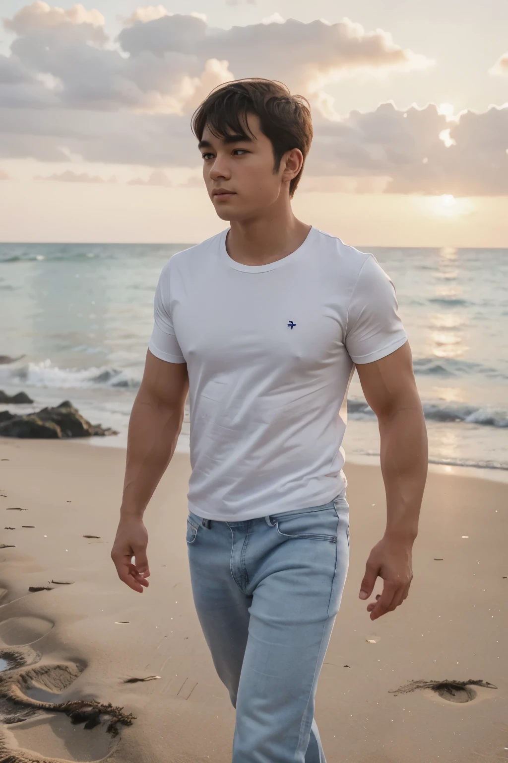 a man french with round face delicate face with a little bit asian eyes , white t-shirt and jeans , muscles fit , walking on the beach with sunset