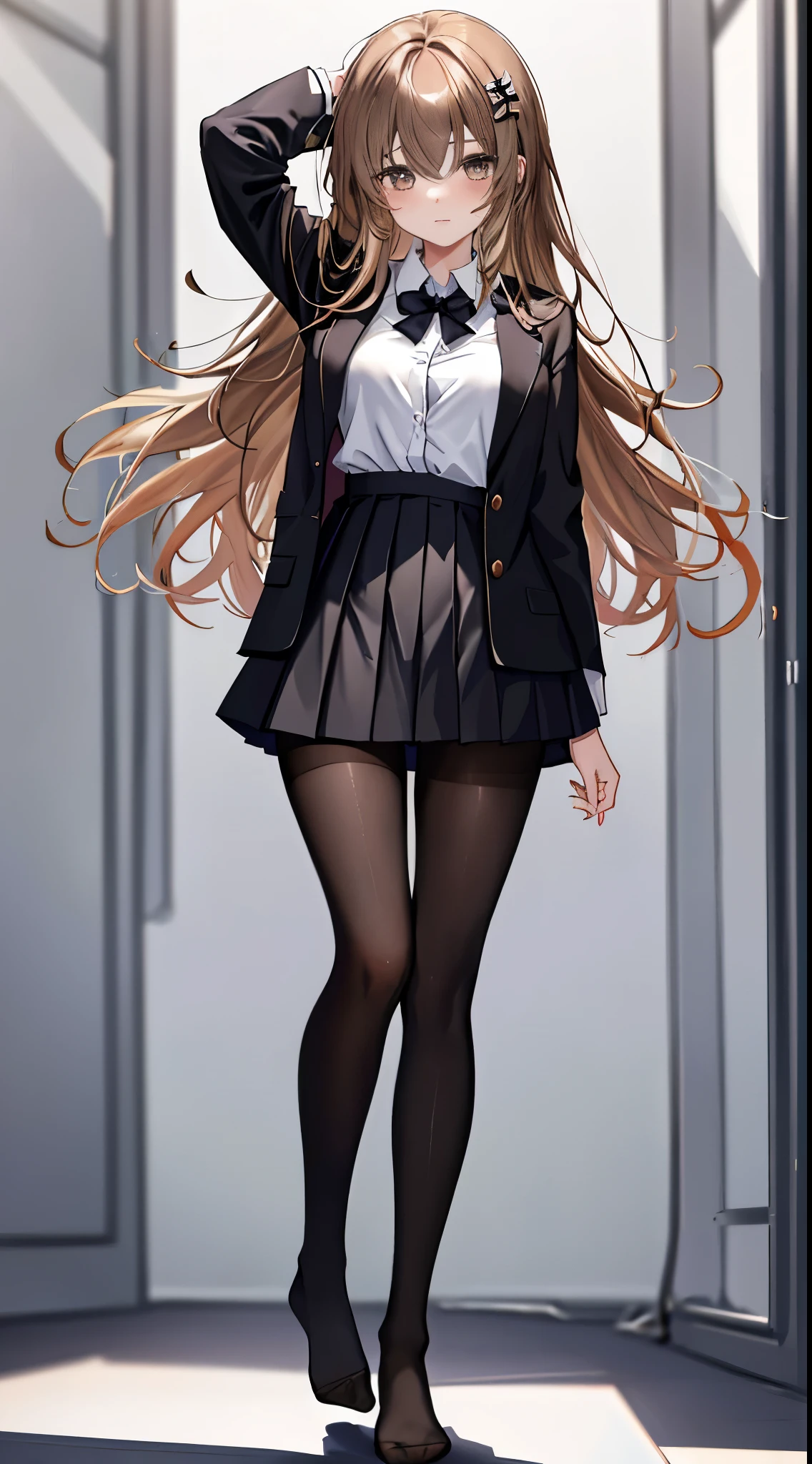 finest, masterpiece, High resolution, (Full body view from head to toe), front, frontやや下からの構図, Symmetrical, 18 year old girl, alone, (whole body from head to toe), small breasts, brown hair, slightly messy hair, long hair, bangs, (black tights), ( (black pantyhose), black pantyhose, (squating pose), show me your white panties, slender beautiful legs, とても美しい18 year old girl, (not wearing shoes), blush, shy big eyes, messy hair, looking at camera, show me your white panties, Blazer uniform appearance、Checkered pleated skirt、Pure white underwear