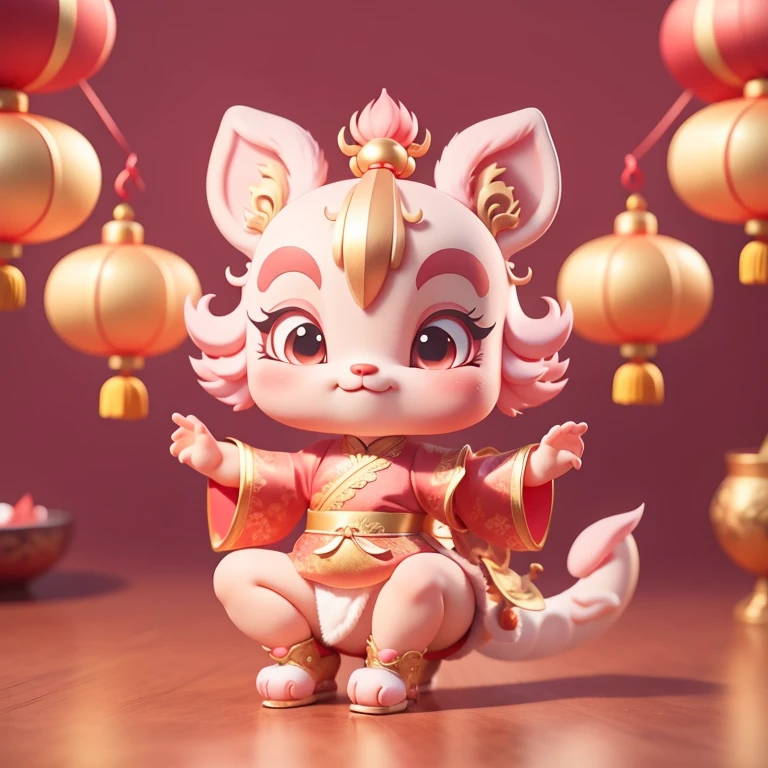 A cute Chinese dragon, There are cute dragon horns，Spring Festival，Festive atmosphere，Red pink and light gold styles, Decorations，