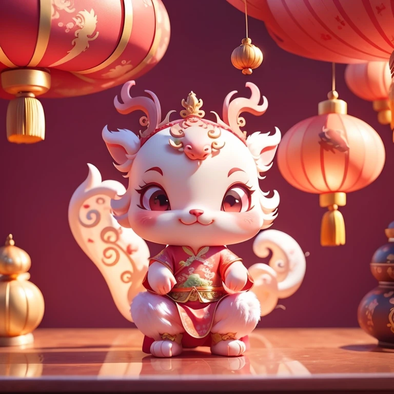 A cute Chinese dragon, There are cute dragon horns,Spring Festival,Festive atmosphere,Red pink and light gold styles, Decorations,