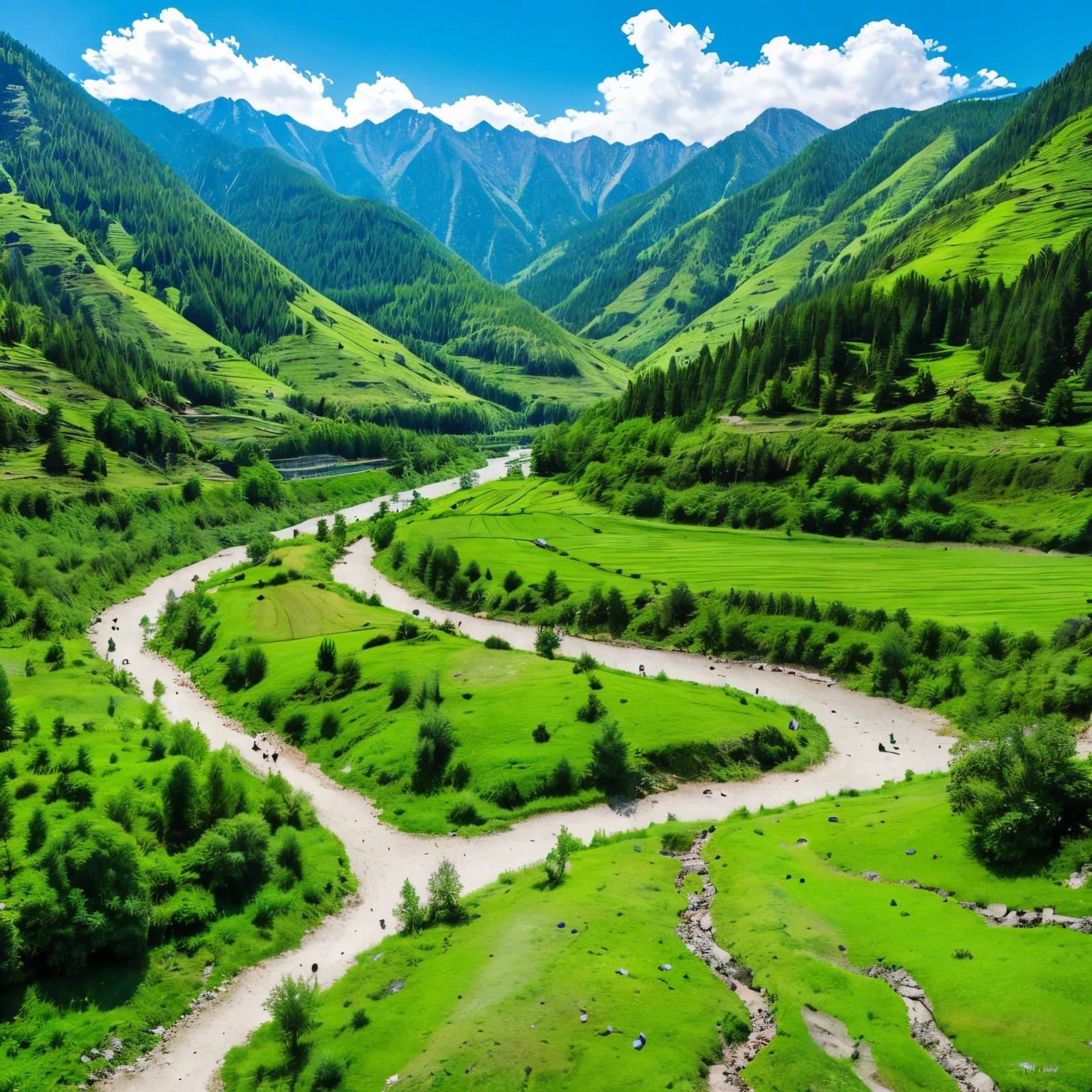6 feathered drones are delivering packages towards the mountain peak in an illustration. The mountain is covered with green coniferous trees and there is a beautiful valley with a flowing river below. The sky is in excellent weather with some white clouds and a deep blue color contrast.