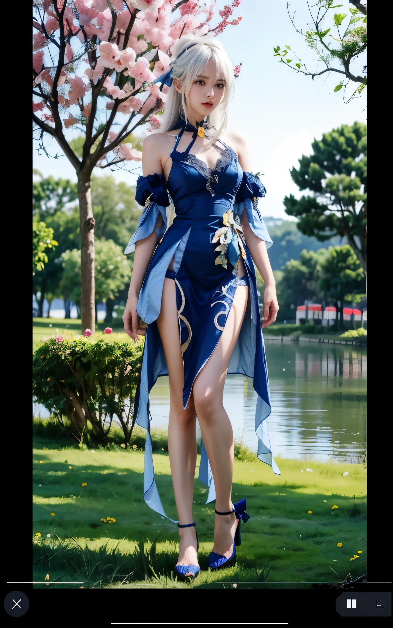 凝Light_Light (Stand naturally:1.5), sweet girl, white hair, long hair, parted bangs, hair accessories, jewelry, bare shoulders, Detached sleeves, blue dress, Light腿, blue high heels,whole body, outdoor, 阳Light, grassland, flowers, 阳Light明媚, lake, garden,