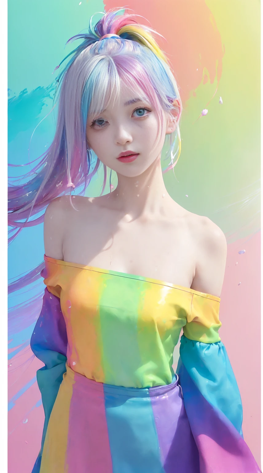 （Pink fashion T-shirt：1.9），(colorfulな髪: 1.8), (all the colours of the rainbow: 1.8),(((((vertical painting：1.6))), （painting：1.6），front, comics, figures, paintings, Big eyes, clear eyes,（ rainbow color gradient high ponytail：1.7）, Exquisite makeup, closed mouth,(Small Fresh: 1.5),(Wipe Chest: 1.6) ，long eyelashes, white off shoulder T-shirt,  White shoulder shirt，looking at the audience, Large watery eyes, (rainbow colored hair：1.6), カラーsplash, （alone：1.8）, カラーsplash, explosion of colors, thick paint style, Messy lines, ((shining))，(colorful), (colorful), (colorful), colorful, Thick paint Style, (splash) (Color splash), Vertical painting, Upper body, paint splash, Acrylic Pigment, Slope, paint, best image quality, highest quality, masterpiece, alone, Depth of bounds written, Face paint,  colorful clothes, (elegant: 1.2), nice,long hair, Wind, (elegant: 1.3), (petal: 1.4)，(((masterpiece))),(((highest quality))),((super detailed)),(figure),(dynamic angle),((floating)),(paint),((messy hair)),(alone),(1 girl) , (((Detailed anima face))),((beautiful detailed face)),collar,bare shoulders,gray hair, ((colorful hair)),((striped hair)),beautiful and fine eyes,(Slope color eyes),(((colorful eyes))),(((colorful background))),(((high color saturation))),(((surrounded by colorful splashes))),