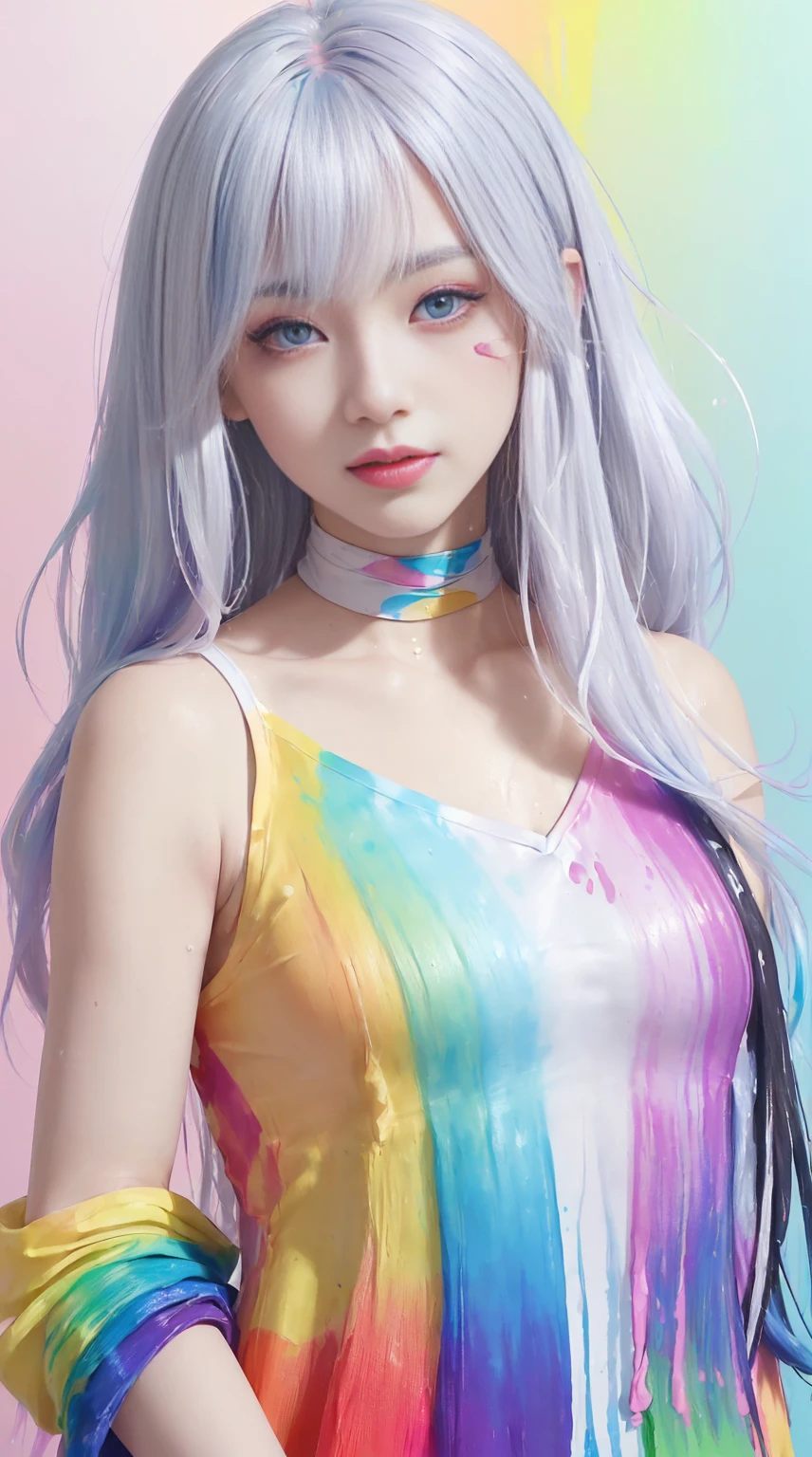 (Pink fashion T-shirt:1.9),(colorfulな髪: 1.8), (all the colours of the rainbow: 1.8),(((((vertical painting:1.6))), (painting:1.6),front, comics, figures, paintings, Big eyes, clear eyes,( rainbow color gradient high ponytail:1.7), Exquisite makeup, closed mouth,(Small Fresh: 1.5),(Wipe Chest: 1.6) ,long eyelashes, white off shoulder T-shirt, White shoulder shirt,looking at the audience, Large watery eyes, (rainbow colored hair:1.6), カラーsplash, (alone:1.8), カラーsplash, explosion of colors, thick paint style, Messy lines, ((shining)),(colorful), (colorful), (colorful), colorful, Thick paint Style, (splash) (Color splash), Vertical painting, Upper body, paint splash, Acrylic Pigment, Slope, paint, best image quality, highest quality, masterpiece, alone, Depth of bounds written, Face paint, colorful clothes, (elegant: 1.2), nice,long hair, Wind, (elegant: 1.3), (petal: 1.4),(((masterpiece))),(((highest quality))),((super detailed)),(figure),(dynamic angle),((floating)),(paint),((messy hair)),(alone),(1 girl) , (((Detailed anima face))),((beautiful detailed face)),collar,bare shoulders,gray hair, ((colorful hair)),((striped hair)),beautiful and fine eyes,(Slope color eyes),(((colorful eyes))),(((colorful background))),(((high color saturation))),(((surrounded by colorful splashes))),