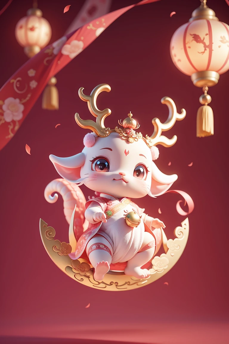 Q version,Cute baby dragon,Chinese style,Pink space,Festive atmosphere,Spring Festival,Cute antlers,Chinese elements