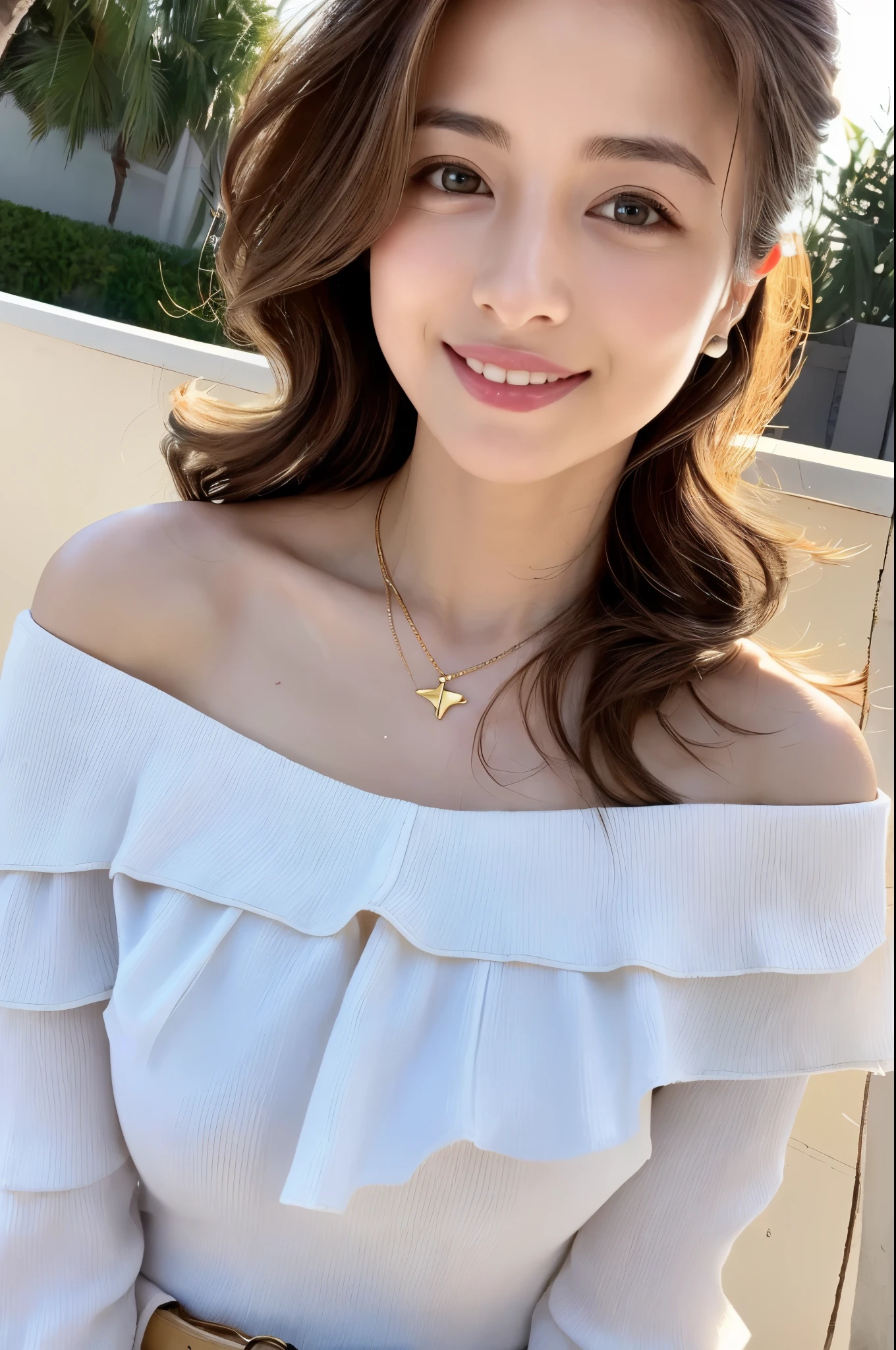 (masterpiece:1.3), high resolution, ultra detailed, extremely detailed CG unity 8k wallpaper, realistic, photo-realistic, RAW photo, beautiful detailed face, pale skin, realistic glistening skin, detailed cloth texture, detailed hair texture, Perfect Style, Beautiful Face, accurate, Anatomically correct, Highly detailed face and skin texture, natural neck length, (wet body, wet hair:1.1),
BREAK
Detailed eyes, symmetric eyes, Brown eyes, Double eyelids, Thin eyebrows, (Sexy Lips:1.3), (happy smile:1.2), (blush:1.2)
BREAK, 
((Innocent and Cute girl:1.3)), ((wearing a off-shoulder White blouse:1.4)), (Gold buckle belt), (skinny jeans:1.2), (cross strap high heels:1.2), (necklace, bracelet), (Thin hoop earrings), (pinky ring), (beautiful blue nails:1.2), 
Layered Hairstyle, (brown hair:1.2), (wavy hair:1.2), medium long hair, (small breasts, firm breast, nicely shaped breasts:1.1), (Extremely thin waist)
BREAK, 
((Standing to close:1.4)), ((looking up at viewer:1.2)), 
((close-up shot:1.2)), (Focus on face:1.2), (from above:1.2), (in an outdoor stylish beachside terrace), ((A view of The night sky filled with numerous stars and a large full moon shining brightly:1.3)),