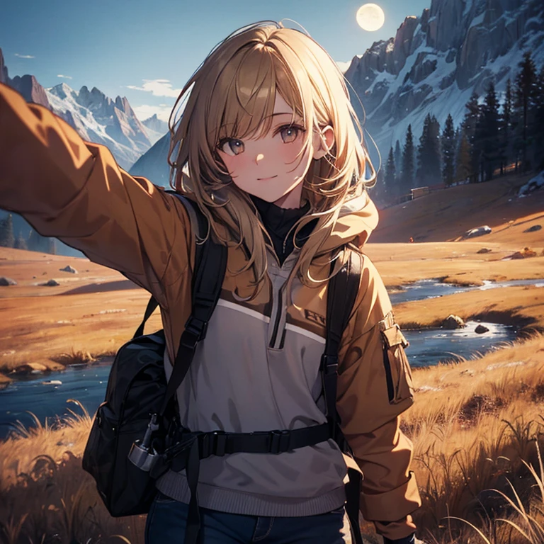 1 female((Upper body selfie, Happy)), masterpiece, highest quality, super detailed, alone, outdoor, (night), Mountain, nature, (performer, moon) Hilarious, Happy, Backpack, sleeping bag, Camping stove, Water bottle, mountain boots, gloves, sweater, have, flashlight, forest, rock, river, wood, cigarette, Shadow, contrast, sunny, analog style (look at the audience:1.2) (skin texture) (film grain:1.3), (warm shades, warm tones)