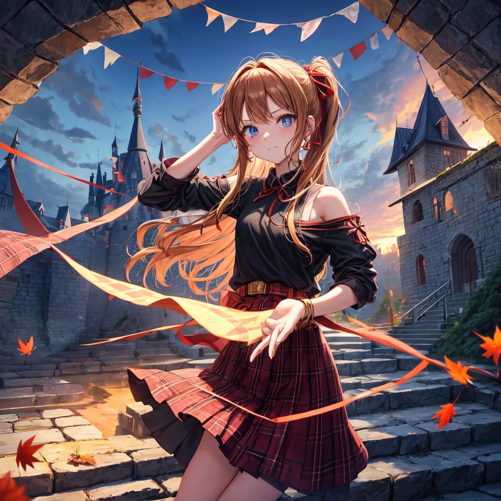 reddish-brown blonde、blue hair、blue eyes、ponytail、one good looking girl、solo、anime、Plaid miniskirt、camisole、black t-shirt、Tilting your face、Doing the ribbon、Ribbon at waist、sunset sky、broken stone steps、Remains、tunnel、Fallen leaves、Light and shadow、monster castle、One leg is raised、castle floating in the air、column、Jewelry box、flag、sparks fall、forest、Hand mirror、bondage、tall grass grows、cloak、circular cobblestone、the ground is cracked