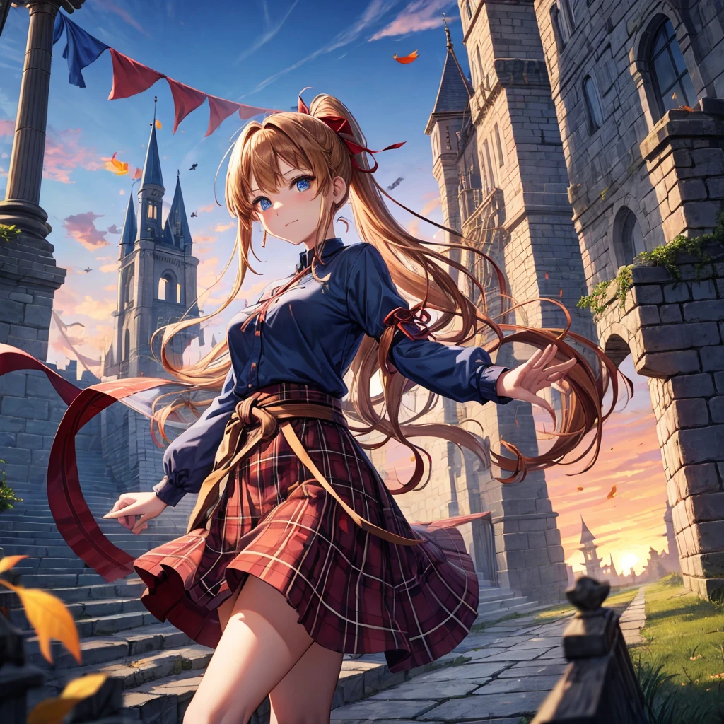 reddish-brown blonde、blue hair、blue eyes、ponytail、one good looking girl、solo、anime、Plaid miniskirt、camisole、black t-shirt、Tilting your face、Doing the ribbon、Ribbon at waist、sunset sky、broken stone steps、Remains、tunnel、Fallen leaves、Light and shadow、monster castle、One leg is raised、castle floating in the air、column、Jewelry box、flag、sparks fall、forest、Hand mirror、bondage、tall grass grows、cloak、circular cobblestone、the ground is cracked