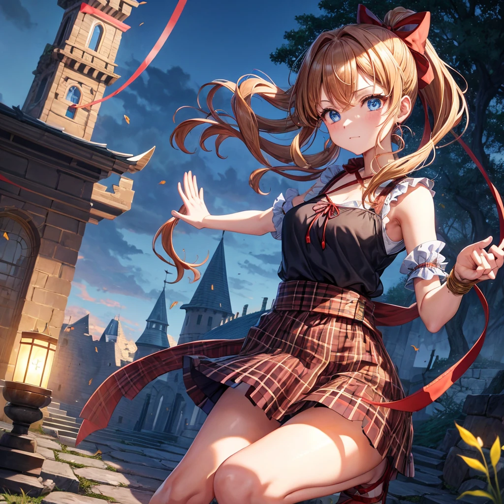 reddish-brown blonde、blue hair、blue eyes、ponytail、one good looking girl、solo、anime、Plaid miniskirt、camisole、black t-shirt、Tilting your face、Doing the ribbon、Ribbon at waist、sunset sky、broken stone steps、Remains、tunnel、Fallen leaves、Light and shadow、monster castle、One leg is raised、castle floating in the air、column、Jewelry box、flag、sparks fall、forest、Hand mirror、bondage、tall grass grows、cloak、circular cobblestone、the ground is cracked