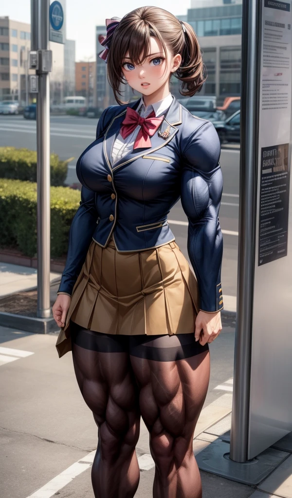 , (muscular female:1.1),school uniform jacket, skirt lift,bow panties,muscular thighs
masterpiece, best quality, extremely detailed face, perfect lighting, extremely detailed CG,open mouth,bus stop,brown pantyhose