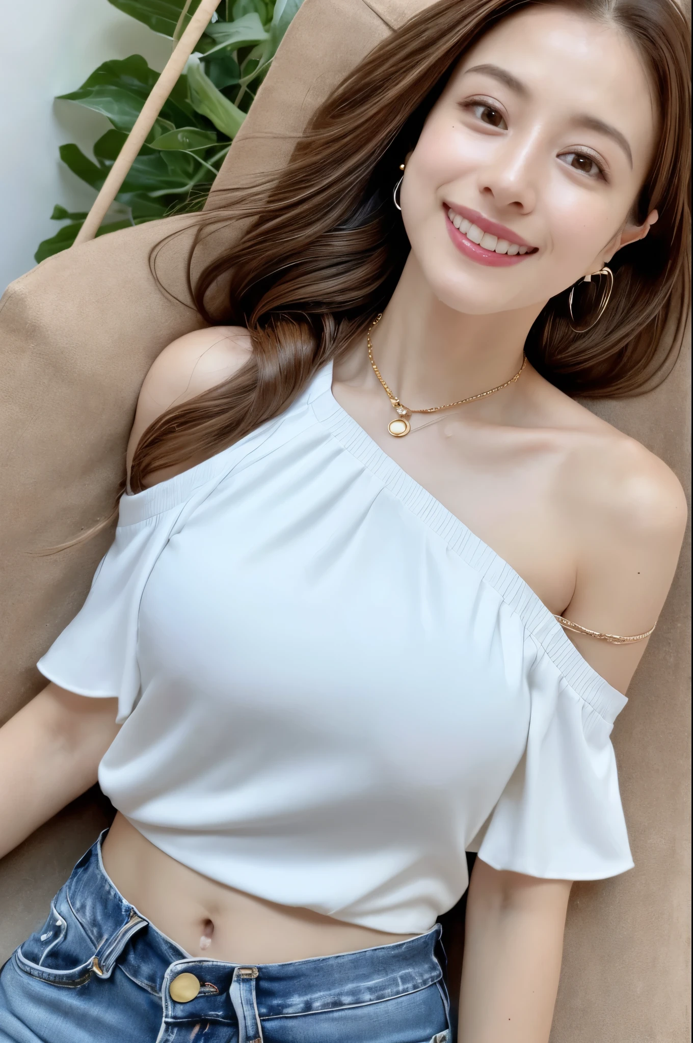 (masterpiece:1.3), high resolution, ultra detailed, extremely detailed CG unity 8k wallpaper, realistic, photo-realistic, RAW photo, beautiful detailed face, pale skin, realistic glistening skin, detailed cloth texture, detailed hair texture, Perfect Style, Beautiful Face, accurate, Anatomically correct, Highly detailed face and skin texture, natural neck length, (wet body, wet hair:1.1),
BREAK
Detailed eyes, symmetric eyes, Brown eyes, Double eyelids, Thin eyebrows, (Sexy Lips:1.3), (happy smile:1.2), (blush:1.2)
BREAK,
((Innocent and Cute girl:1.3)), ((wearing a off-shoulder White blouse:1.4)), (Gold buckle belt), (skinny jeans:1.2), (cross strap high heels:1.2), (necklace, bracelet), (Thin hoop earrings), (pinky ring), (beautiful blue nails:1.2),
Layered Hairstyle, (brown hair:1.2), (wavy hair:1.2), medium long hair, (small breasts, firm breast, nicely shaped breasts:1.1), (Extremely thin waist)
BREAK,
((Standing to close:1.4)), ((looking up at viewer:1.2)),
((close-up shot:1.2)), (Focus on face:1.2), (from above:1.2), (in an outdoor stylish beachside terrace), ((A view of The night sky filled with numerous stars and a large full moon shining brightly:1.3)),