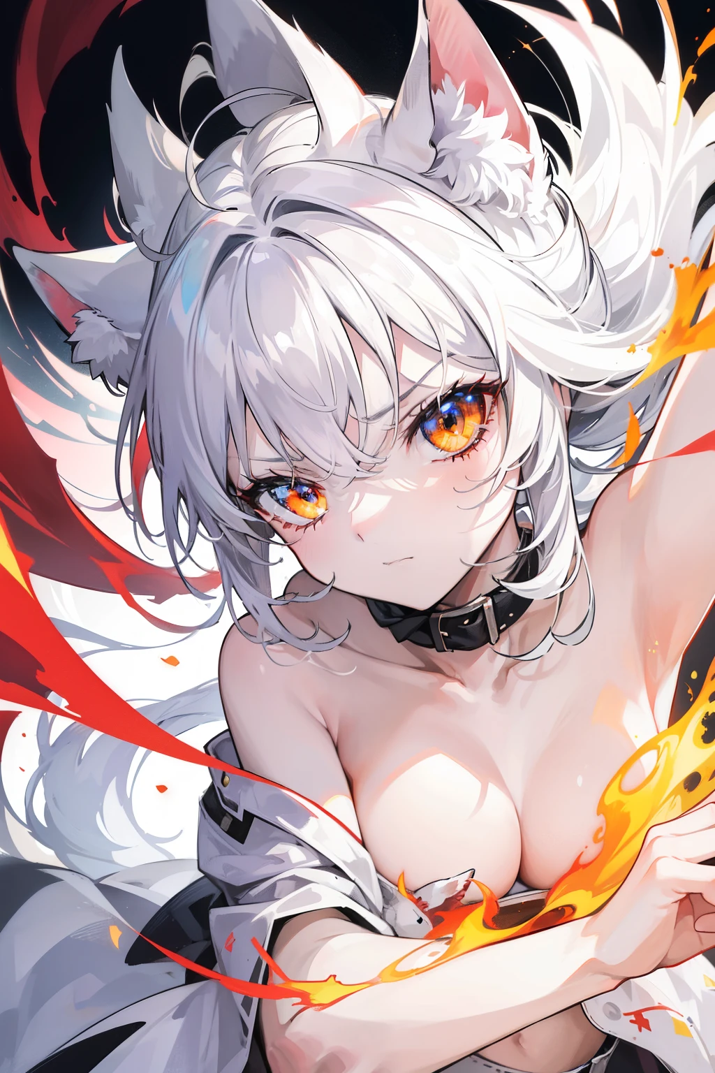 In the heart of the image lies a magnificent, white cat with an expression of unbridled anger. Its piercing eyes are narrowed, displaying a palpable sense of dissatisfaction. The cat's fur, typically pristine and immaculate, is now ruffled, showing a hint of rebellion and defiance. The tips of its ears are flattened against its head, and its Whitestripe of fury is raised, accentuating the aura of anger emanating from the cat's presence. The scene is captured in stunning detail, inviting the viewer to delve deeper into the cat's fiery spirit and uncover the secret story behind its outrage.