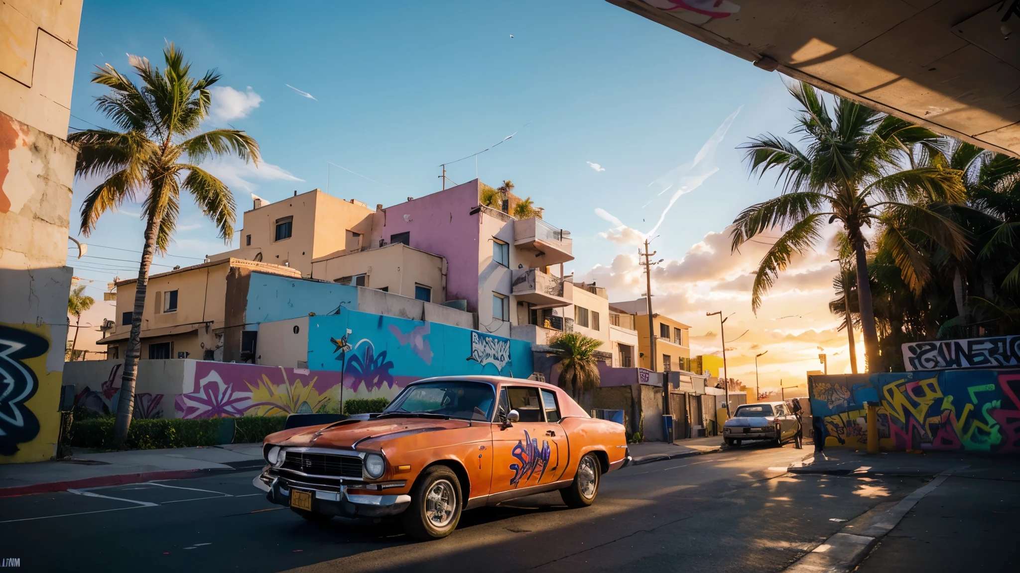 A vibrant street scene with graffiti-covered walls, palm trees swaying in the sea breeze, and a stunning sunset painting the sky in shades of orange and pink. In the center of the scene, a purple vintage car stands out, splattered with vibrant blood-red paint. The artwork is created with meticulous attention to detail, capturing the intricate designs of the graffiti and the delicate movements of the palm trees. The overall image quality is of the highest standards, with a resolution of 4K or 8K and an ultra-detailed and photorealistic rendering. The colors are vivid and vibrant, enhancing the visual impact of the artwork. The lighting is carefully crafted to showcase the depth and atmosphere of the scene, with the sunset casting a warm, golden glow on everything it touches.