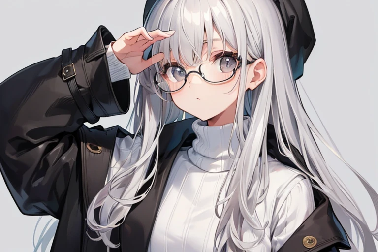(Highest Quality), (Highest Quality), (Masterpiece), gray hair, Glasses, (White knit/black open coat), cool