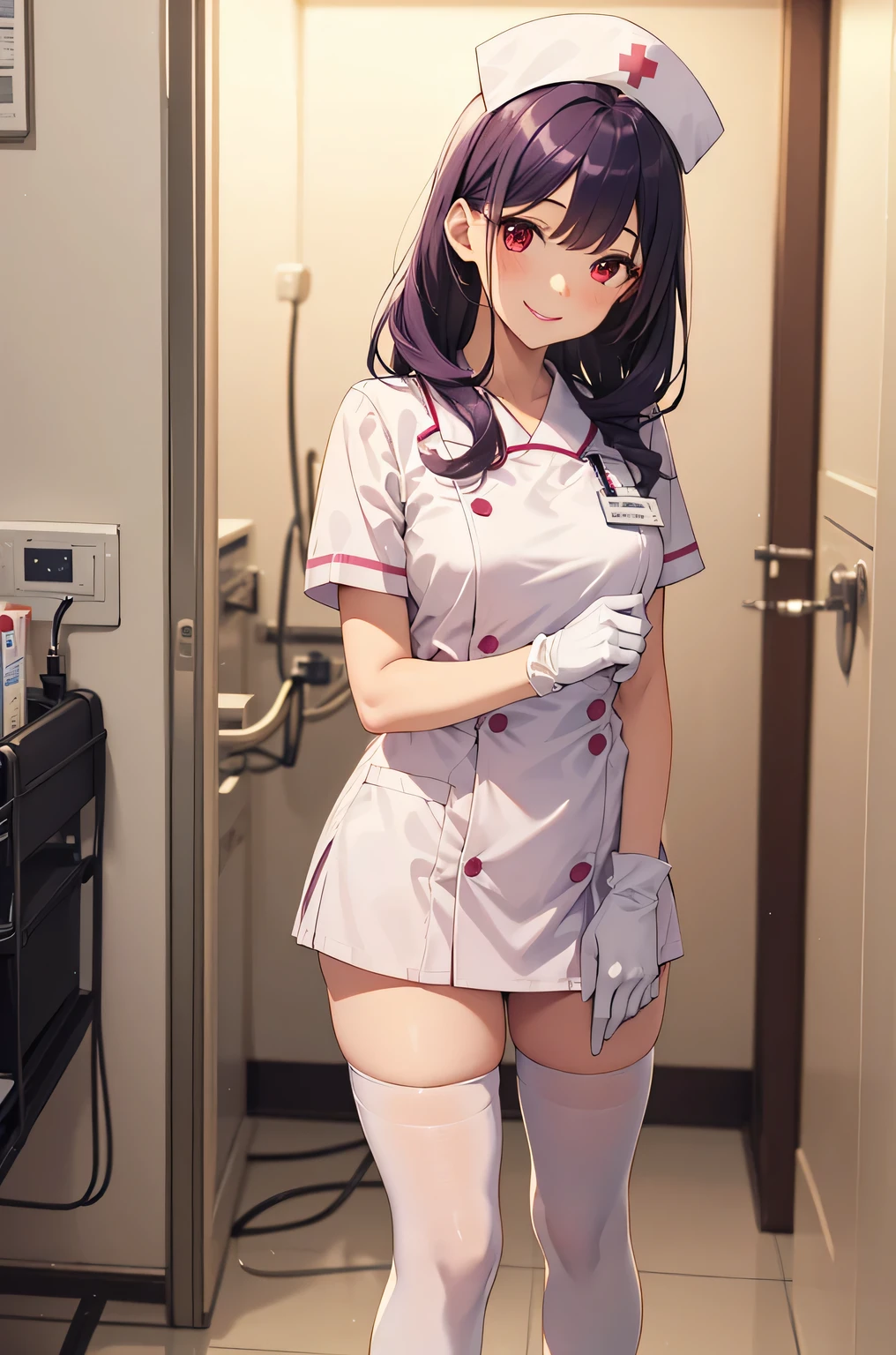 1 female, alone, nurse, nurse cap, Whiteware, ((white legwear, zettai ryouiki)), white gloves, long hair, purple hair, red eyes, pink lips, smile, Are standing, ((hospital room)), sharp outline, short sleeve, mature woman, 35 years old, highest quality, masterpiece