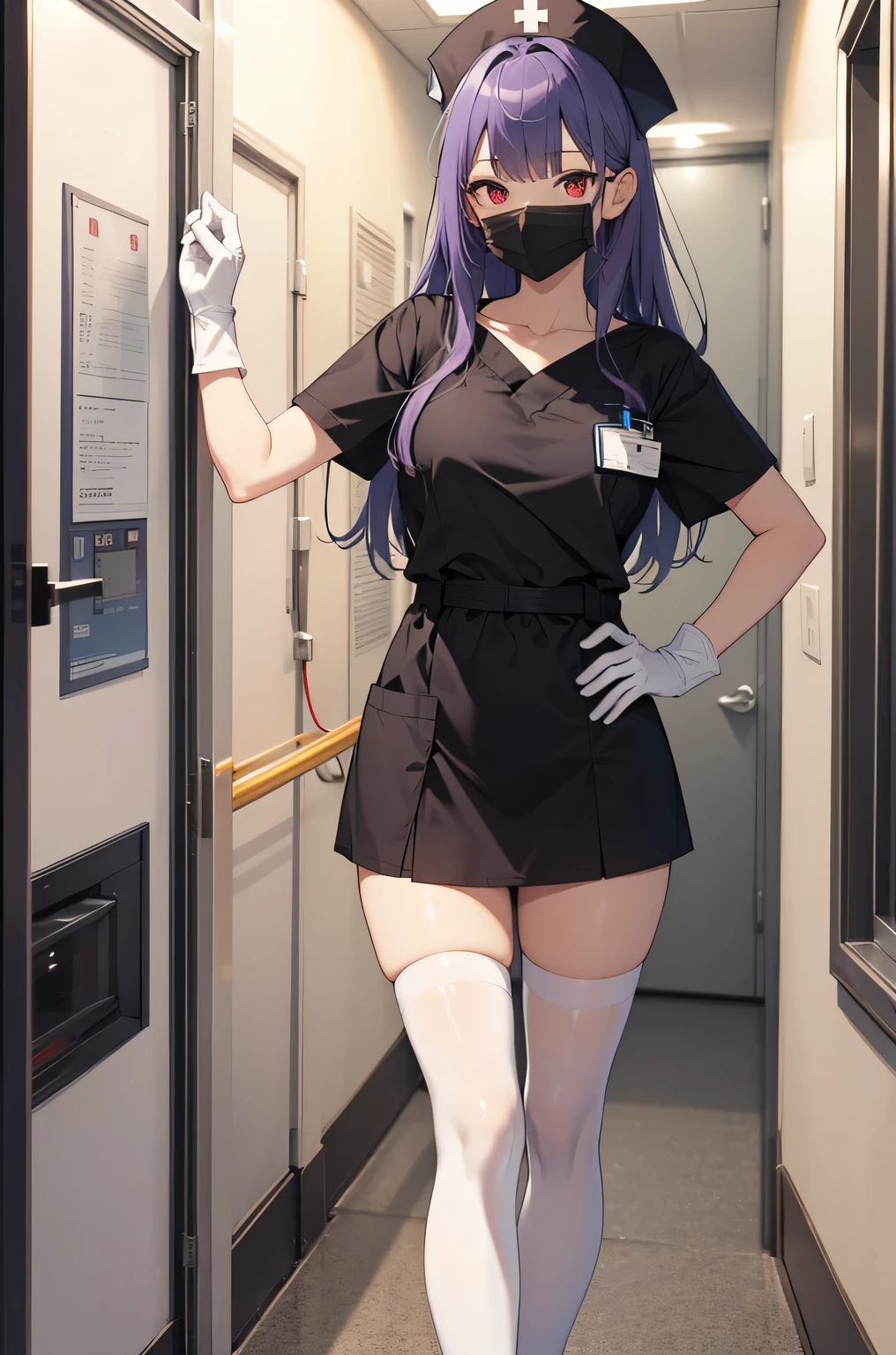 1woman, solo, nurse, white nurse cap, white nurse uniform, ((white legwear, zettai ryouiki)), white gloves, long hair, purple hair, red eyes, pink lips, smile, standing, ((hospital room)), sharp outline, short sleeves, mature female, 35 years old, best quality, masterpiece