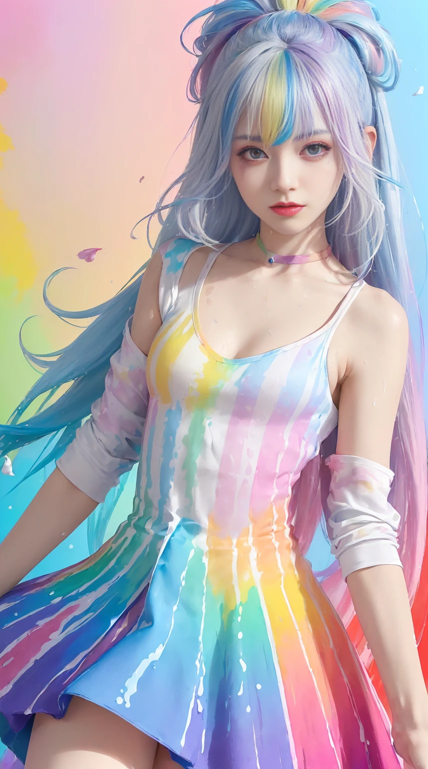 （Pink fashion T-shirt：1.9），(colorfulな髪: 1.8), (all the colours of the rainbow: 1.8),(((((vertical painting：1.6))), （painting：1.6），front, comics, figures, paintings, Big eyes, clear eyes,（ rainbow color gradient high ponytail：1.7）, Exquisite makeup, closed mouth,(Small Fresh: 1.5),(Wipe Chest: 1.6) ，long eyelashes, white off shoulder T-shirt,  White shoulder shirt，looking at the audience, Large watery eyes, (rainbow colored hair：1.6), カラーsplash, （alone：1.8）, カラーsplash, explosion of colors, thick paint style, Messy lines, ((shining))，(colorful), (colorful), (colorful), colorful, Thick paint Style, (splash) (Color splash), Vertical painting, Upper body, paint splash, Acrylic Pigment, Slope, paint, best image quality, highest quality, masterpiece, alone, Depth of bounds written, Face paint,  colorful clothes, (elegant: 1.2), nice,long hair, Wind, (elegant: 1.3), (petal: 1.4)，(((masterpiece))),(((highest quality))),((super detailed)),(figure),(dynamic angle),((floating)),(paint),((messy hair)),(alone),(1 girl) , (((Detailed anima face))),((beautiful detailed face)),collar,bare shoulders,gray hair, ((colorful hair)),((striped hair)),beautiful and fine eyes,(Slope color eyes),(((colorful eyes))),(((colorful background))),(((high color saturation))),(((surrounded by colorful splashes))),