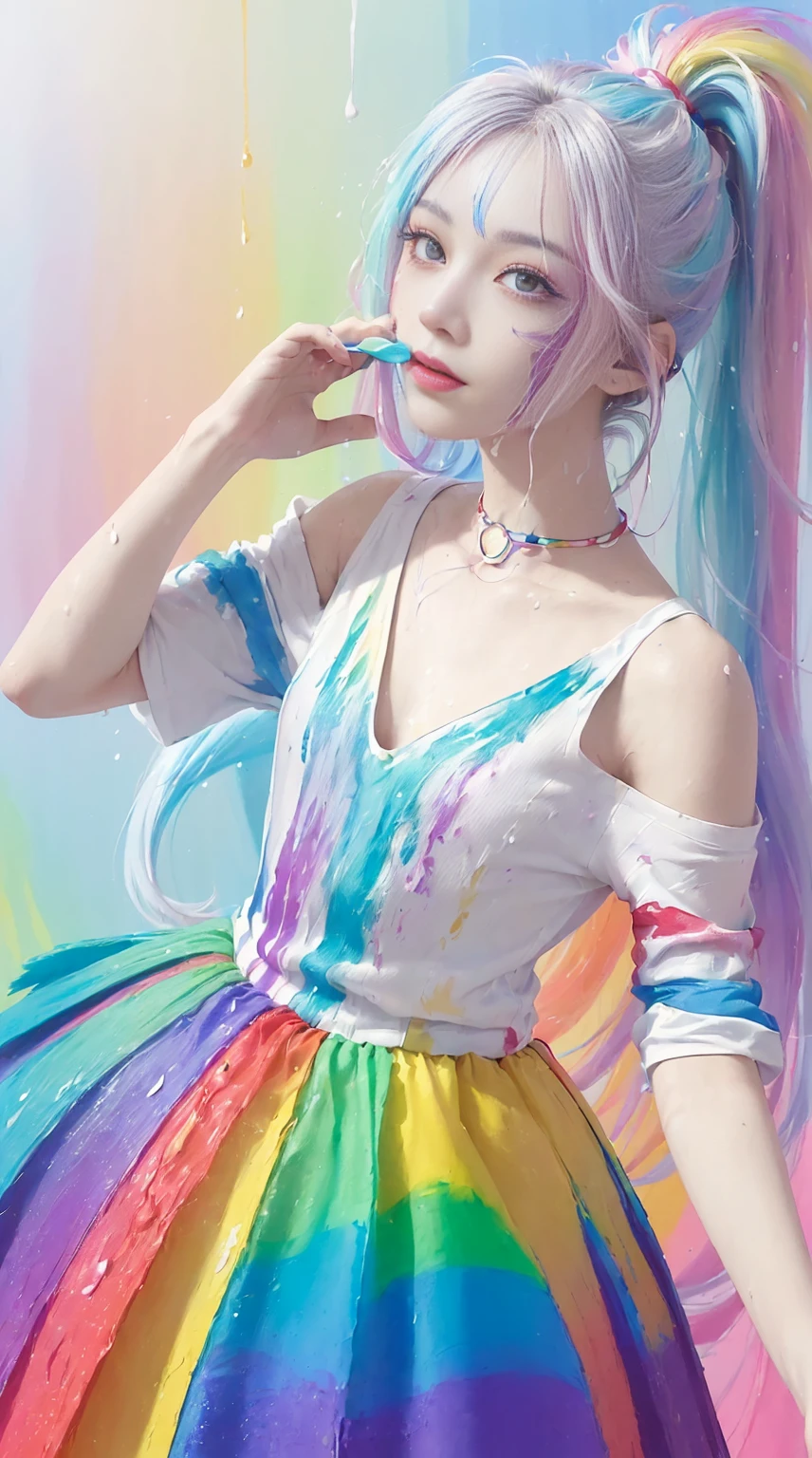 （Pink fashion T-shirt：1.9），(colorfulな髪: 1.8), (all the colours of the rainbow: 1.8),(((((vertical painting：1.6))), （painting：1.6），front, comics, figures, paintings, Big eyes, clear eyes,（ rainbow color gradient high ponytail：1.7）, Exquisite makeup, closed mouth,(Small Fresh: 1.5),(Wipe Chest: 1.6) ，long eyelashes, white off shoulder T-shirt,  White shoulder shirt，looking at the audience, Large watery eyes, (rainbow colored hair：1.6), カラーsplash, （alone：1.8）, カラーsplash, explosion of colors, thick paint style, Messy lines, ((shining))，(colorful), (colorful), (colorful), colorful, Thick paint Style, (splash) (Color splash), Vertical painting, Upper body, paint splash, Acrylic Pigment, Slope, paint, best image quality, highest quality, masterpiece, alone, Depth of bounds written, Face paint,  colorful clothes, (elegant: 1.2), nice,long hair, Wind, (elegant: 1.3), (petal: 1.4)，(((masterpiece))),(((highest quality))),((super detailed)),(figure),(dynamic angle),((floating)),(paint),((messy hair)),(alone),(1 girl) , (((Detailed anima face))),((beautiful detailed face)),collar,bare shoulders,gray hair, ((colorful hair)),((striped hair)),beautiful and fine eyes,(Slope color eyes),(((colorful eyes))),(((colorful background))),(((high color saturation))),(((surrounded by colorful splashes))),