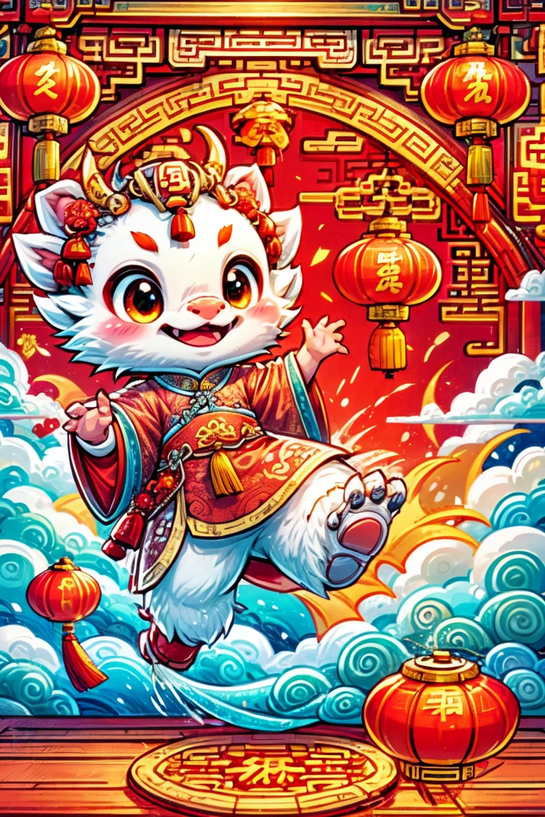 1 Chinese dragon,(China red:1.5),medium shot,Chinese style,chinese palace,Spring Festival,lantern,fireworks,firecracker,flowers,clouds,stone fragment,Beautiful and delicate water,Wood grain flooring,Cute Chinese Dragon