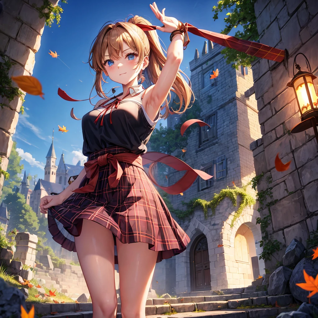 reddish-brown blonde、blue hair、blue eyes、ponytail、one good looking girl、solo、anime、Plaid miniskirt、camisole、black t-shirt、Tilting your face、Doing the ribbon、Ribbon at waist、sunset sky、broken stone steps、Remains、tunnel、Fallen leaves、Light and shadow、monster castle、One leg is raised、castle floating in the air、column、Jewelry box、flag、sparks fall、forest、Hand mirror、bondage、tall grass grows、cloak、circular cobblestone、the ground is cracked、aquarium