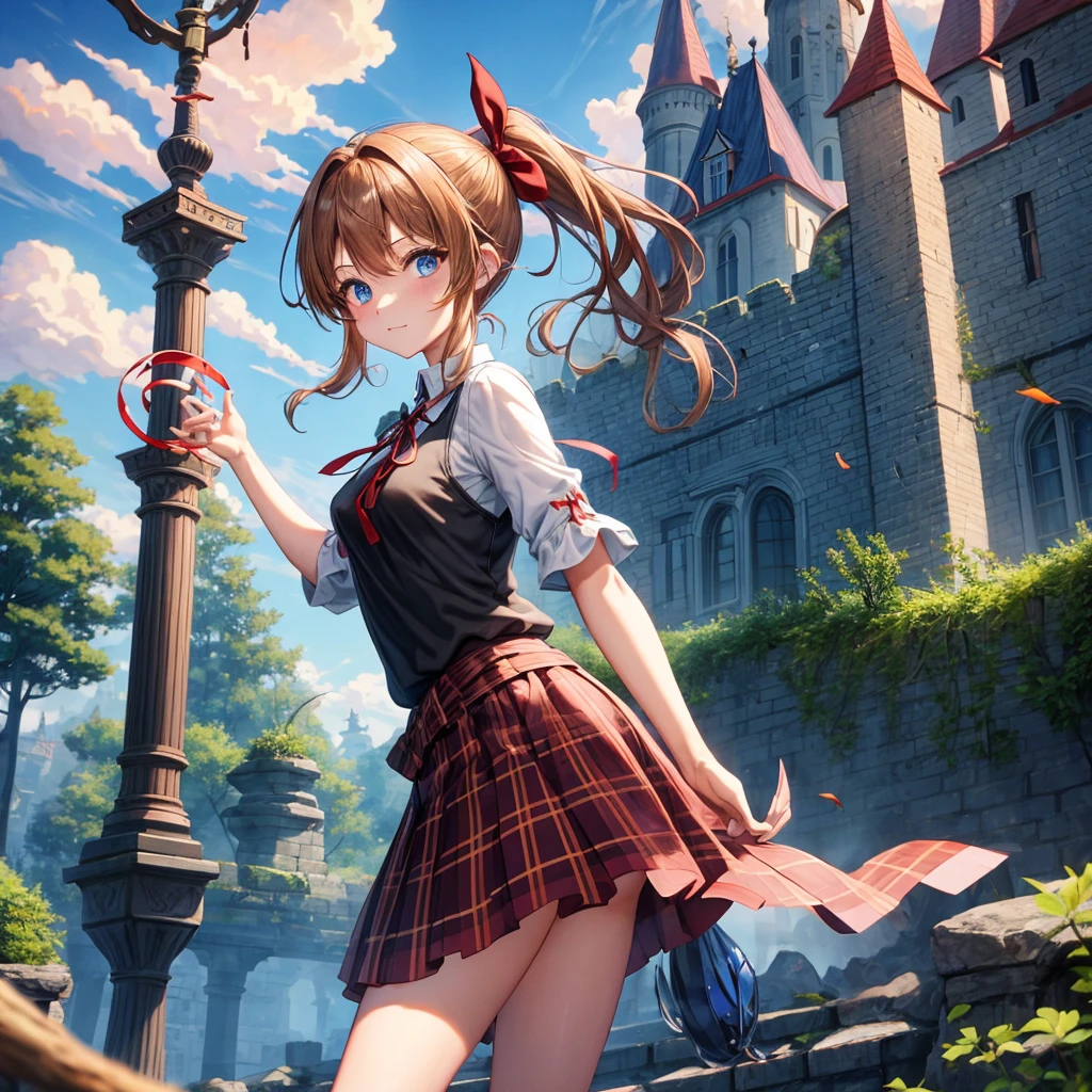 reddish-brown blonde、blue hair、blue eyes、ponytail、one good looking girl、solo、anime、Plaid miniskirt、camisole、black t-shirt、Tilting your face、Doing the ribbon、Ribbon at waist、sunset sky、broken stone steps、Remains、tunnel、Fallen leaves、Light and shadow、monster castle、One leg is raised、castle floating in the air、column、Jewelry box、flag、sparks fall、forest、Hand mirror、bondage、tall grass grows、cloak、circular cobblestone、the ground is cracked、aquarium
