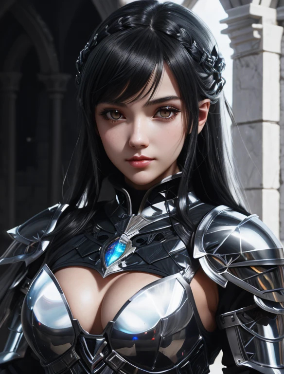 a close up of a woman in armor, knight - girl, perfect knight girl, cute knight girl, knight girl, female knight anime girl, beutiful girl knight, perfect anime knight woman, knight anime girl, girl in Black armor, jet black haired knight girl, beautiful white girl knight, knight anime girl, knight villain