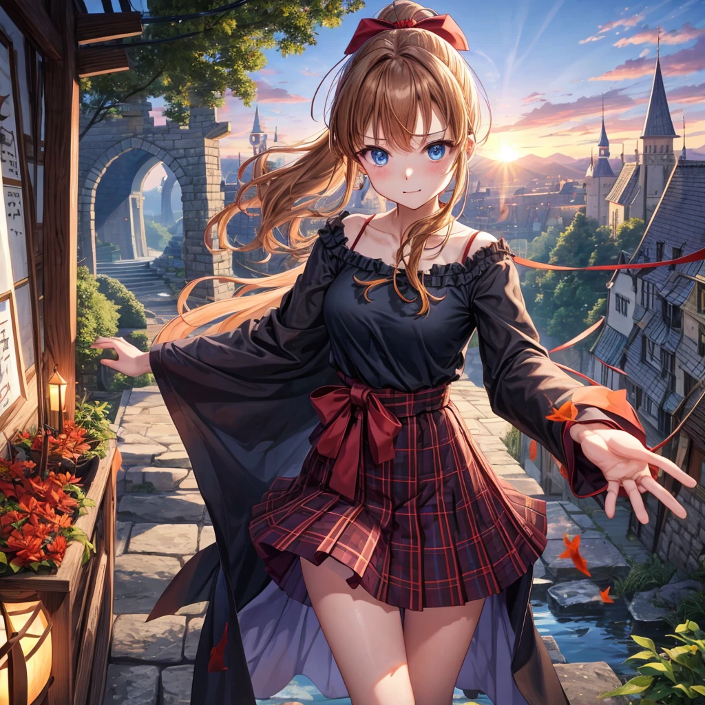 reddish-brown blonde、blue hair、blue eyes、ponytail、one good looking girl、solo、anime、Plaid miniskirt、camisole、black t-shirt、Tilting your face、Doing the ribbon、Ribbon at waist、sunset sky、broken stone steps、Remains、tunnel、Fallen leaves、Light and shadow、monster castle、One leg is raised、castle floating in the air、column、Jewelry box、flag、sparks fall、forest、Hand mirror、、tall grass grows、cloak、circular cobblestone、the ground is cracked、aquarium