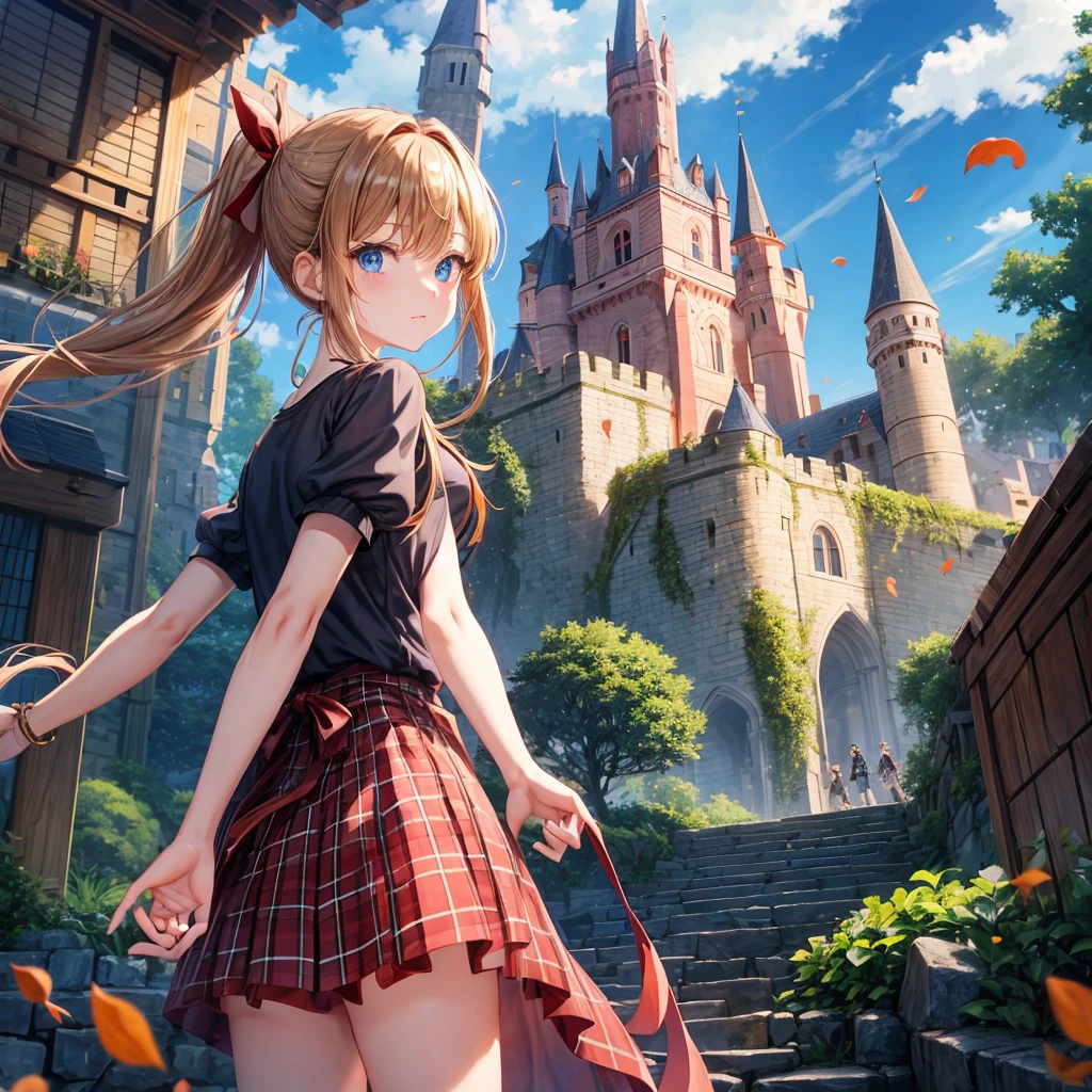 reddish-brown blonde、blue hair、blue eyes、ponytail、one good looking girl、solo、anime、Plaid miniskirt、camisole、black t-shirt、Tilting your face、Doing the ribbon、Ribbon at waist、sunset sky、broken stone steps、Remains、tunnel、Fallen leaves、Light and shadow、monster castle、One leg is raised、castle floating in the air、column、Jewelry box、flag、sparks fall、forest、Hand mirror、bondage、tall grass grows、cloak、circular cobblestone、the ground is cracked、aquarium