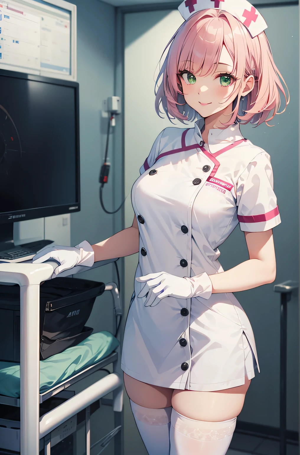 1 female, alone, nurse, nurse cap, Whiteware, ((white legwear, zettai ryouiki)), white gloves, pink hair, green eyes, droopy eyes, pink lips, smile, Are standing, ((hospital room)), sharp outline, short sleeve, mature woman, 32 years old, highest quality, masterpiece