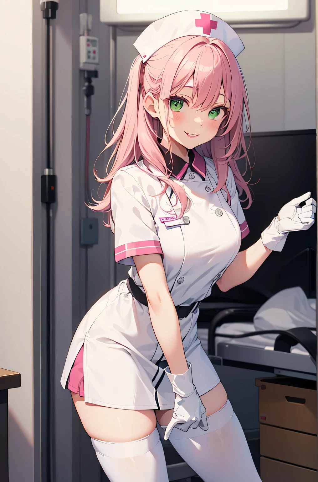 1 female, alone, nurse, nurse cap, Whiteware, ((white legwear, zettai ryouiki)), white gloves, pink hair, green eyes, droopy eyes, pink lips, smile, Are standing, ((hospital room)), sharp outline, short sleeve, mature woman, 32 years old, highest quality, masterpiece