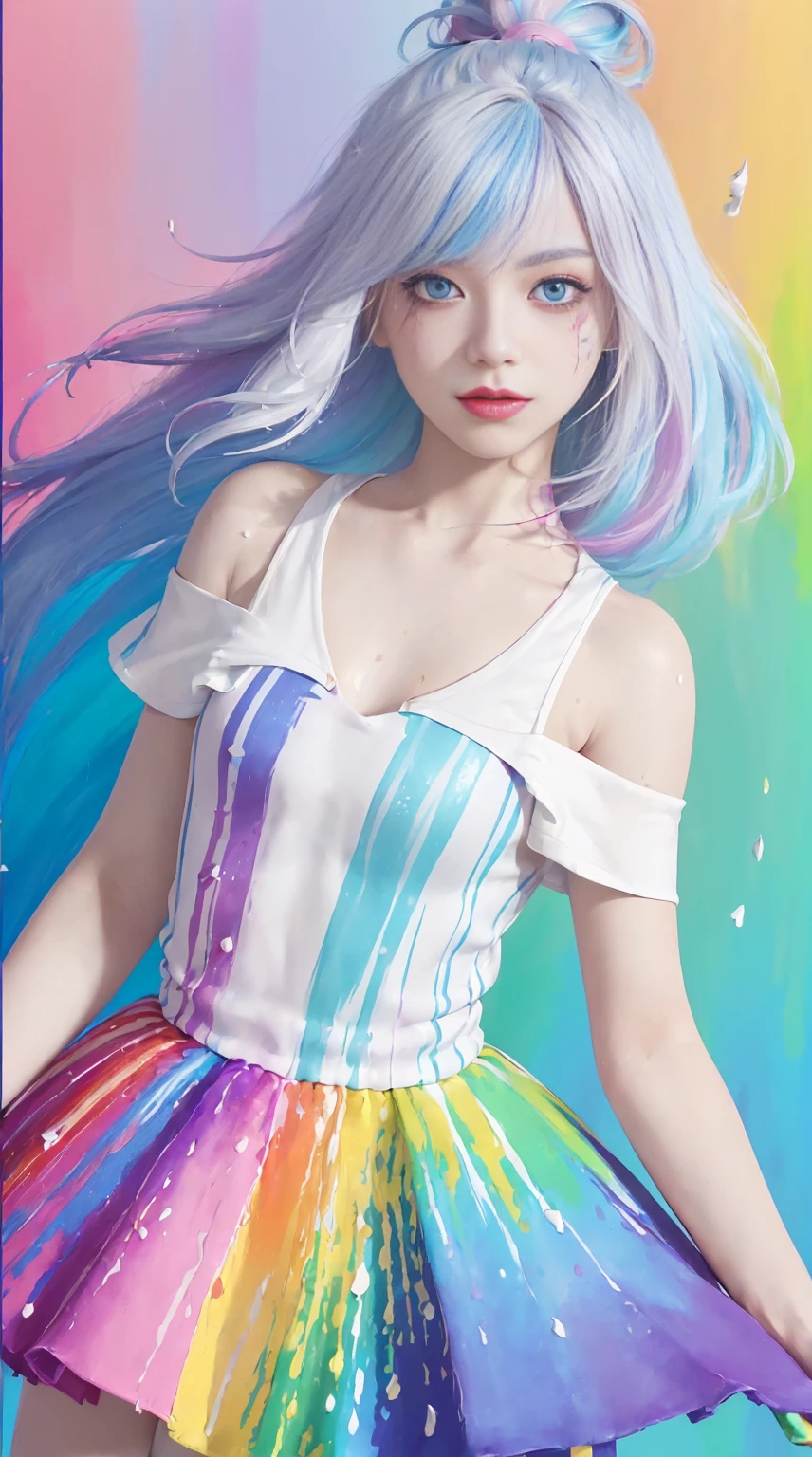 （Pink fashion T-shirt：1.9），(colorfulな髪: 1.8), (all the colours of the rainbow: 1.8),(((((vertical painting：1.6))), （painting：1.6），front, comics, figures, paintings, Big eyes, clear eyes,（ rainbow color gradient high ponytail：1.7）, Exquisite makeup, closed mouth,(Small Fresh: 1.5),(Wipe Chest: 1.6) ，long eyelashes, white off shoulder T-shirt,  White shoulder shirt，looking at the audience, Large watery eyes, (rainbow colored hair：1.6), カラーsplash, （alone：1.8）, カラーsplash, explosion of colors, thick paint style, Messy lines, ((shining))，(colorful), (colorful), (colorful), colorful, Thick paint Style, (splash) (Color splash), Vertical painting, Upper body, paint splash, Acrylic Pigment, Slope, paint, best image quality, highest quality, masterpiece, alone, Depth of bounds written, Face paint,  colorful clothes, (elegant: 1.2), nice,long hair, Wind, (elegant: 1.3), (petal: 1.4)，(((masterpiece))),(((highest quality))),((super detailed)),(figure),(dynamic angle),((floating)),(paint),((messy hair)),(alone),(1 girl) , (((Detailed anima face))),((beautiful detailed face)),collar,bare shoulders,gray hair, ((colorful hair)),((striped hair)),beautiful and fine eyes,(Slope color eyes),(((colorful eyes))),(((colorful background))),(((high color saturation))),(((surrounded by colorful splashes))),
