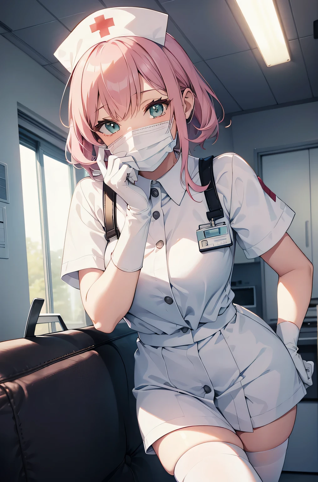 1 female, alone, nurse, nurse cap, Whiteware, ((white legwear, zettai ryouiki)), white gloves, pink hair, green eyes, droopy eyes, ((White surgical mask, Covered nose)), Are standing, ((hospital room)), sharp outline, short sleeve, mature woman, 32 years old, highest quality, masterpiece