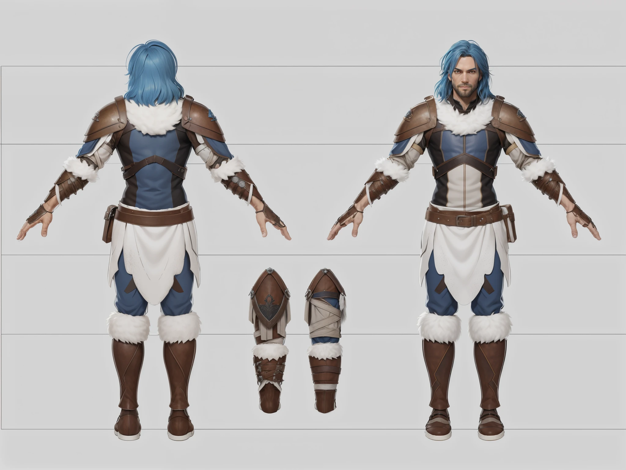 Realistic:1.33),(masterpiece:1.1),(highest quality:1.1),(HDR:1) a close up of a man with blue hair , full body concept, detailed full body concept, valkyrie style character, full body character concept, new costume concept design, full body details, detailed full body concept art, full character body, character model sheet turnaround, fullbody shot turnaround, concept character sheet, full body concept art, reference model sheet , full body concept art, philosopher medieval style character, game character design, concept character, full body character concept art, 3d character reference sheet, male, video game character concept, detailed character design, character sheet, character model sheet turnaround , front and back, front and back, medieval wood armor, brown costume, ragged loincloth, ( white fur), (Medieval glove), blown sleeve, waist leather bag, brown Shoulder Armor, grey clean background, 3D charactter