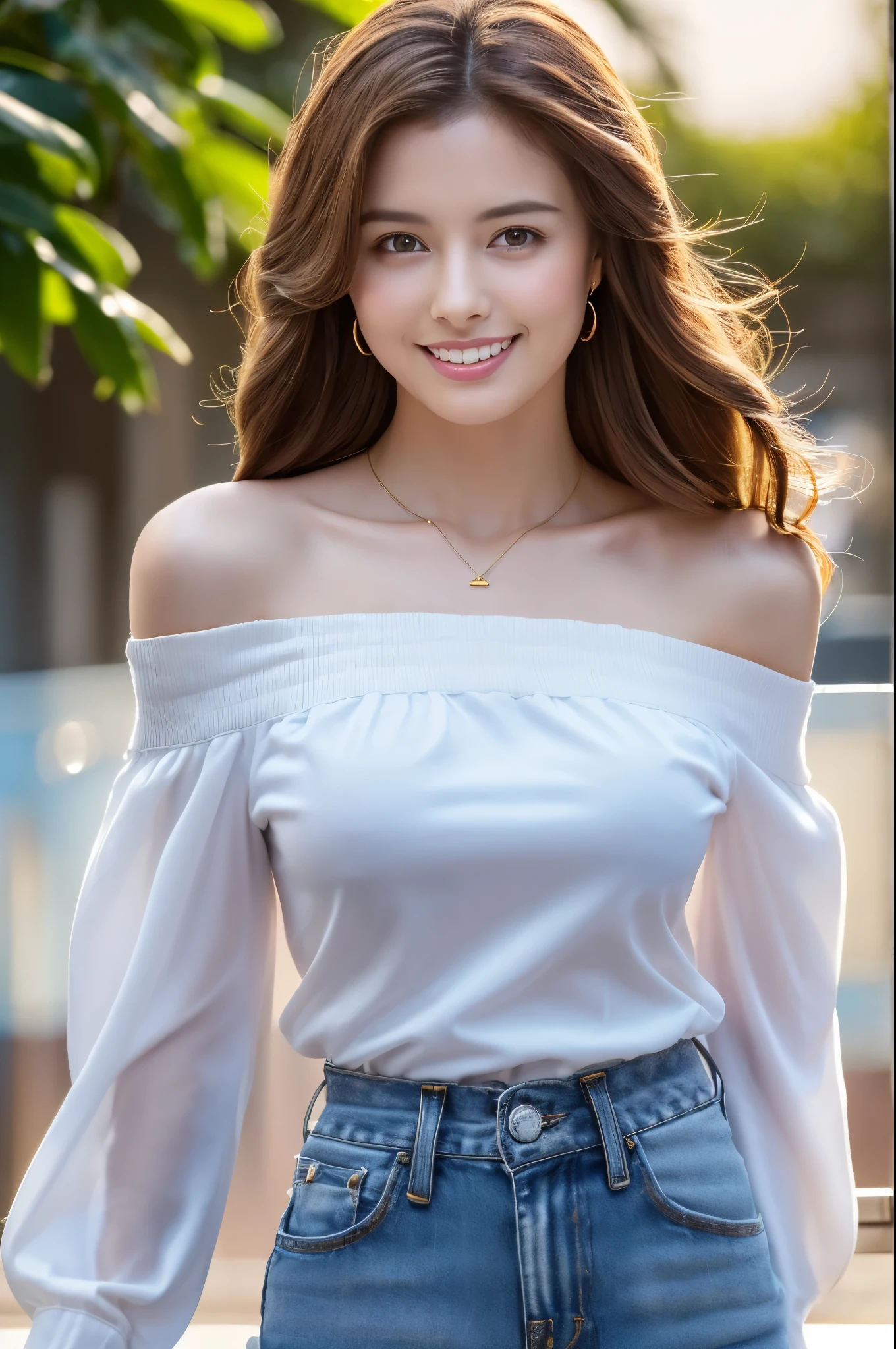(masterpiece:1.3), high resolution, ultra detailed, extremely detailed CG unity 8k wallpaper, realistic, photo-realistic, RAW photo, beautiful detailed face, pale skin, realistic glistening skin, detailed cloth texture, detailed hair texture, Perfect Style, Beautiful Face, accurate, Anatomically correct, Highly detailed face and skin texture, natural neck length, (wet body, wet hair:1.1),
BREAK
Detailed eyes, symmetric eyes, Brown eyes, Double eyelids, Thin eyebrows, (Sexy Lips:1.3), (happy smile:1.2), (blush:1.2)
BREAK,
((Innocent and Cute girl:1.3)), ((wearing a off-shoulder White blouse:1.4)), (Gold buckle belt), (skinny jeans:1.2), (cross strap high heels:1.2), (necklace, bracelet), (Thin hoop earrings), (pinky ring), (beautiful blue nails:1.2),
Layered Hairstyle, (brown hair:1.2), (wavy hair:1.2), medium long hair, (small breasts, firm breast, nicely shaped breasts:1.1), (Extremely thin waist)
BREAK,
((Standing to close:1.4)), ((looking up at viewer:1.2)),
((close-up shot:1.2)), (Focus on face:1.2), (from above:1.2), (in an outdoor stylish beachside terrace), ((A view of The night sky filled with numerous stars and a large full moon shining brightly:1.3)),