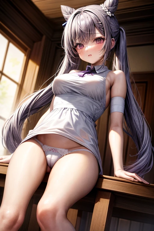 1girl, to-quality, long_hair, purple_hair, purple_eyes, hair_bun, cone_hair_bun, twintails, bangs, double_bun, breasts, hair_ornament, blush, braid, medium_breasts, crotch rub, table humping, from below, nurse unifrom, stripped panties, table, wet panties, lace panties,, masterpiece, best quality, highly detailed