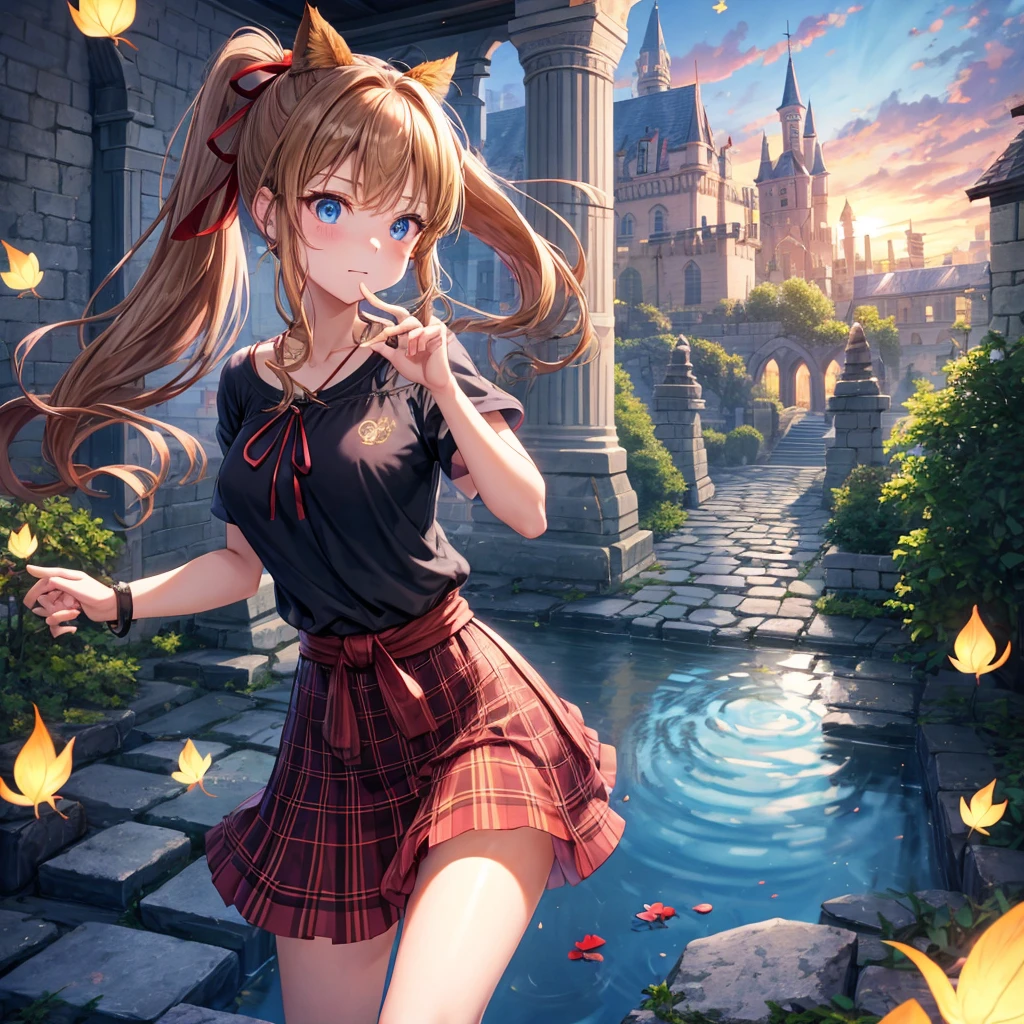 reddish-brown blonde、blue hair、blue eyes、ponytail、one good looking girl、solo、anime、Plaid miniskirt、camisole、black t-shirt、Tilting your face、Doing the ribbon、Ribbon at waist、sunset sky、broken stone steps、Remains、tunnel、Fallen leaves、Light and shadow、monster castle、One leg is raised、castle floating in the air、column、Jewelry box、flag、sparks fall、forest、Hand mirror、bondage、tall grass grows、cloak、circular cobblestone、the ground is cracked、aquarium、Vortex of Light