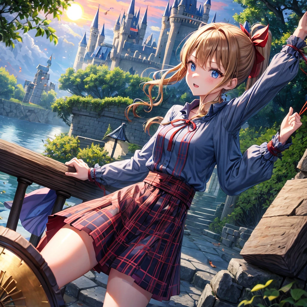 reddish-brown blonde、blue hair、blue eyes、ponytail、one good looking girl、solo、anime、Plaid miniskirt、camisole、black t-shirt、Tilting your face、Doing the ribbon、Ribbon at waist、sunset sky、broken stone steps、Remains、tunnel、Fallen leaves、Light and shadow、monster castle、One leg is raised、castle floating in the air、column、Jewelry box、flag、sparks fall、forest、Hand mirror、bondage、tall grass grows、cloak、circular cobblestone、the ground is cracked、aquarium、Vortex of Light