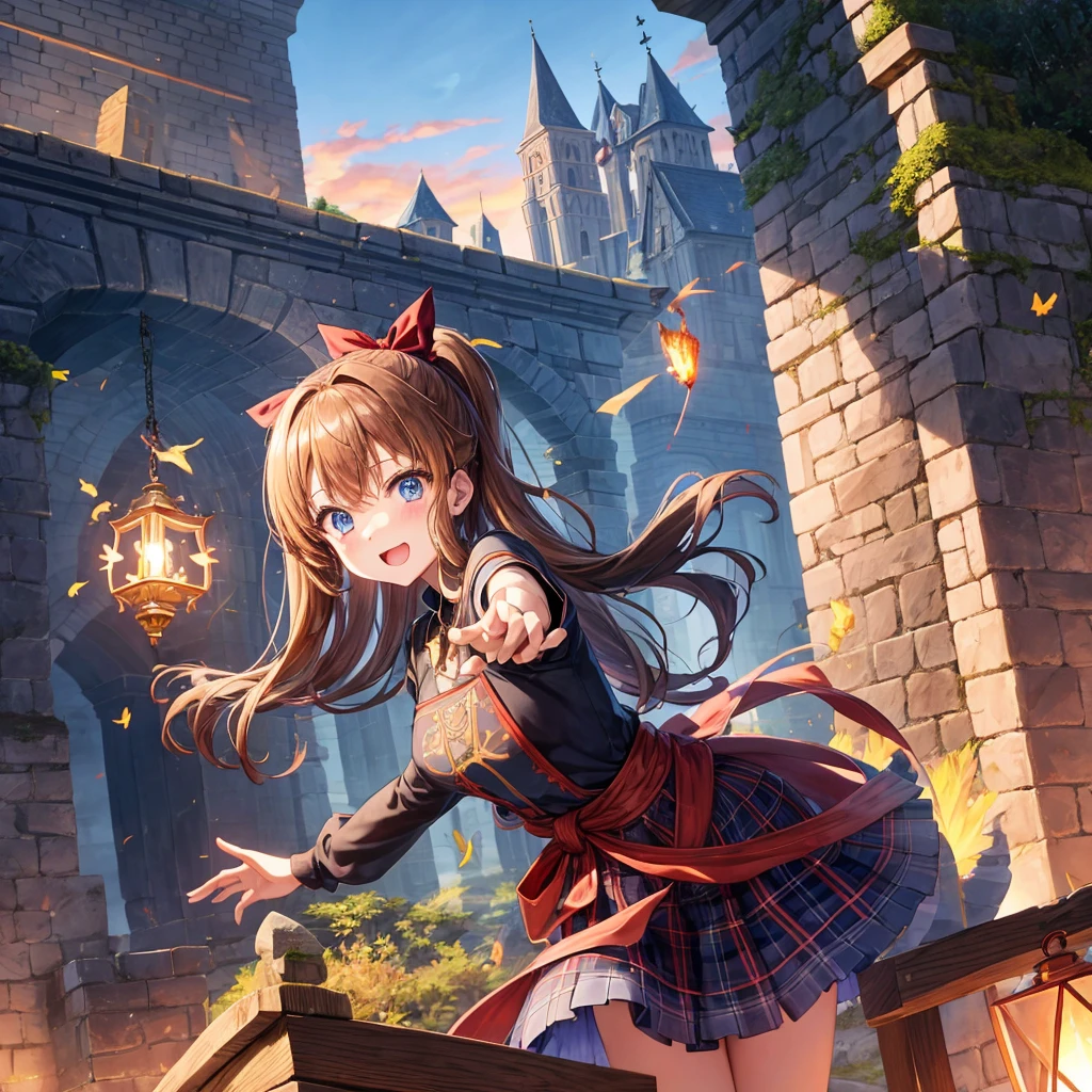 reddish-brown blonde、blue hair、blue eyes、ponytail、one good looking girl、solo、anime、Plaid miniskirt、camisole、black t-shirt、Tilting your face、Doing the ribbon、Ribbon at waist、sunset sky、broken stone steps、Remains、tunnel、Fallen leaves、Light and shadow、monster castle、One leg is raised、castle floating in the air、column、Jewelry box、flag、sparks fall、forest、Hand mirror、bondage、tall grass grows、cloak、circular cobblestone、the ground is cracked、aquarium、Vortex of Light
