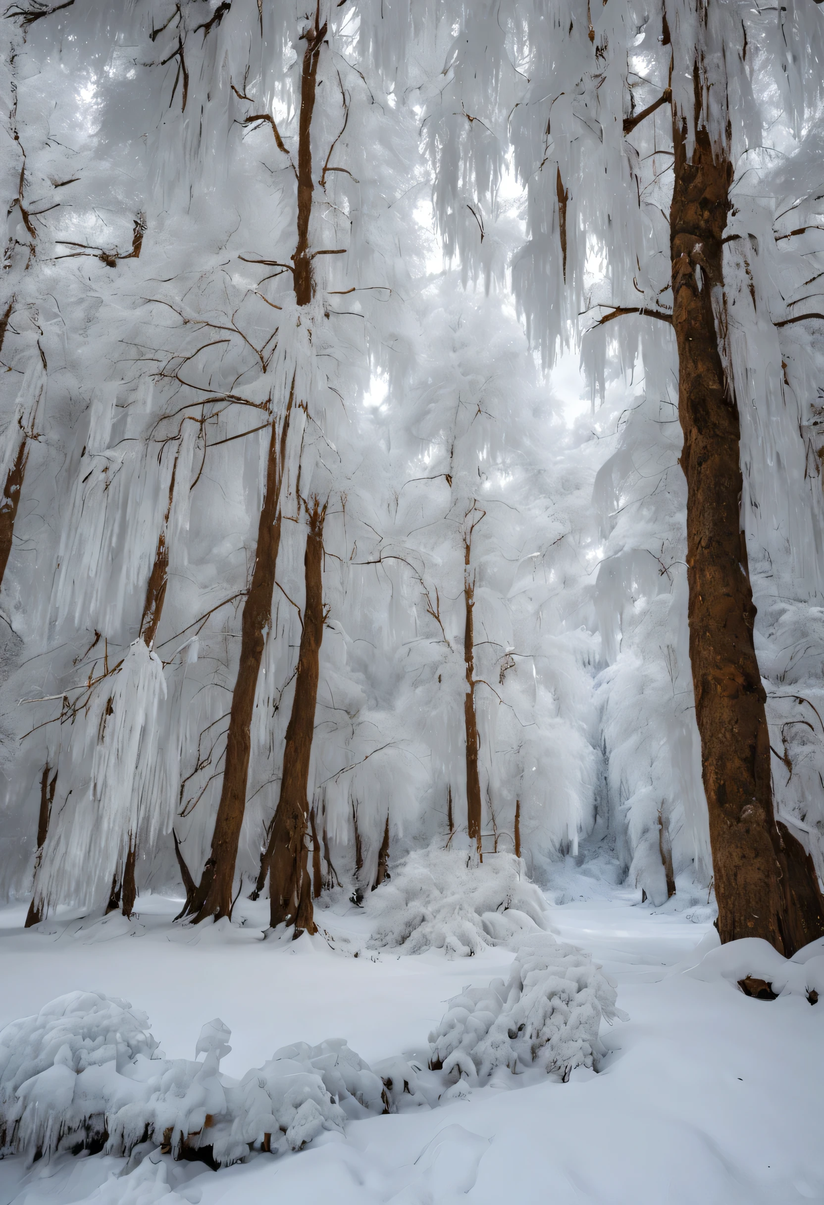 Ice forest from the tops of trees in winter, The trees are covered with ice and overgrown with icicles, Low cloud cover, huge snowdrifts