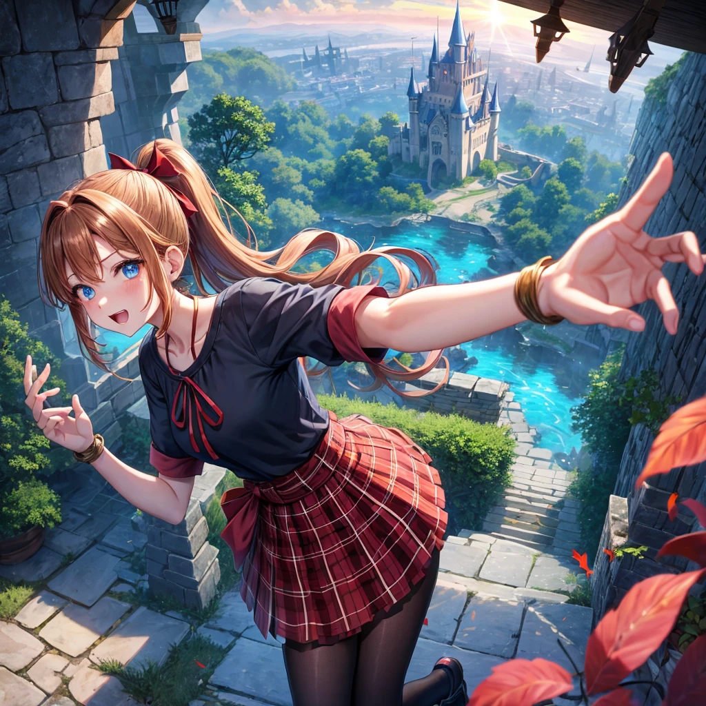 reddish-brown blonde、blue hair、blue eyes、ponytail、one good looking girl、solo、anime、Plaid miniskirt、camisole、black t-shirt、Tilting your face、Doing the ribbon、Ribbon at waist、sunset sky、broken stone steps、Remains、tunnel、Fallen leaves、Light and shadow、monster castle、One leg is raised、castle floating in the air、column、Jewelry box、flag、sparks fall、forest、Hand mirror、bondage、tall grass grows、cloak、circular cobblestone、the ground is cracked、aquarium、Vortex of Light