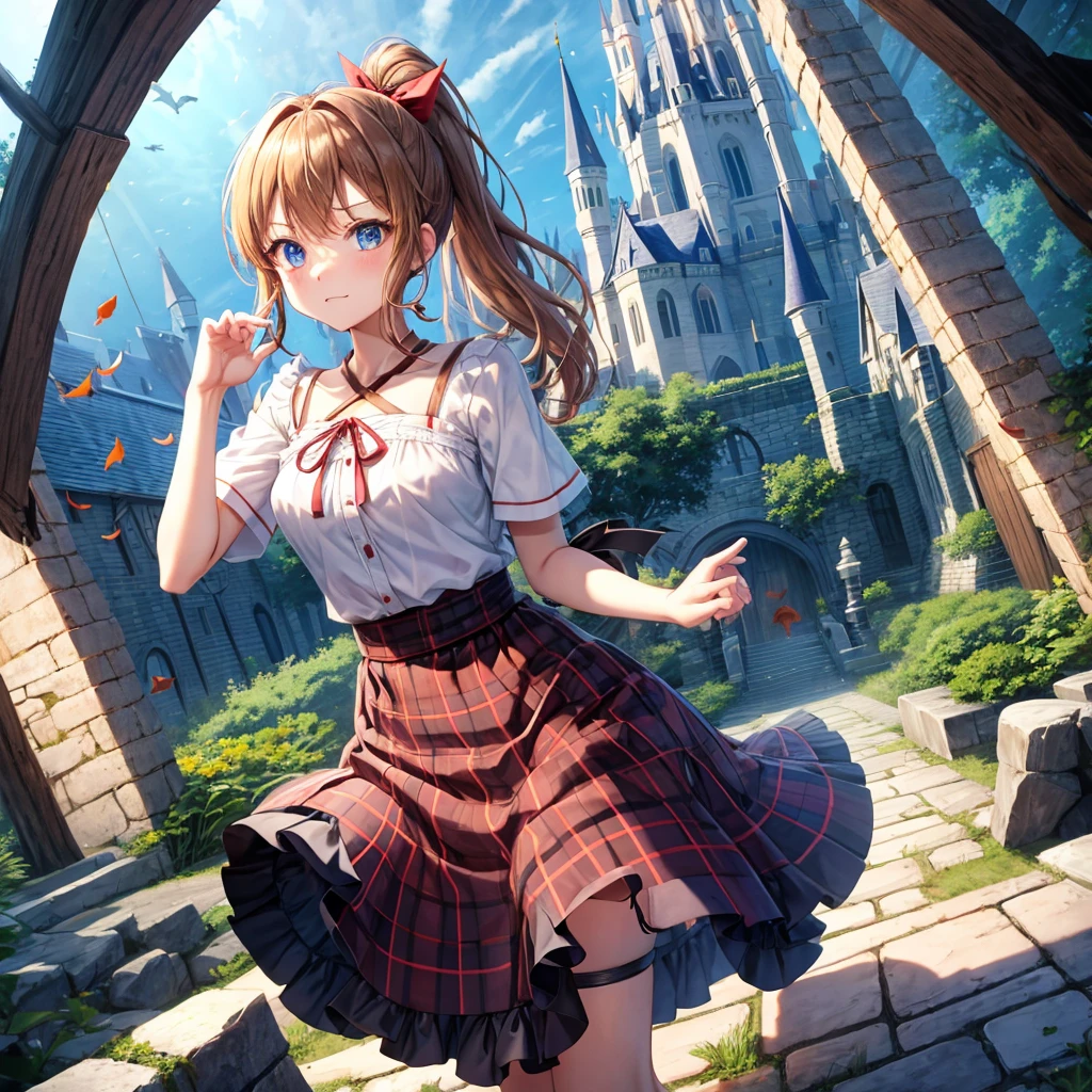 reddish-brown blonde、blue hair、blue eyes、ponytail、one good looking girl、solo、anime、Plaid miniskirt、camisole、black t-shirt、Tilting your face、Doing the ribbon、Ribbon at waist、sunset sky、broken stone steps、Remains、tunnel、Fallen leaves、Light and shadow、monster castle、One leg is raised、castle floating in the air、column、Jewelry box、flag、sparks fall、forest、Hand mirror、bondage、tall grass grows、cloak、circular cobblestone、the ground is cracked、aquarium、Vortex of Light