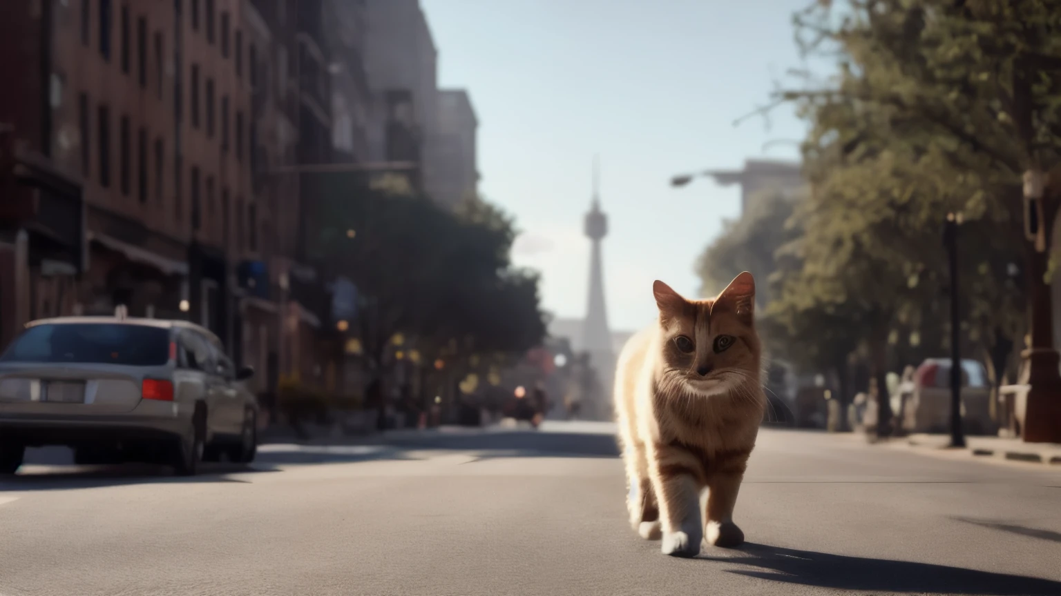 hyper ultra realistic photographs full body of A fluffy ginger cat, sporting a makeshift mustache and sunglasses, confidently struts down a busy street, convinced he's unrecognizable to the neighborhood dogs. He even tips his hat (a repurposed milk carton) with a flourish. ratio 16:9, 4k, 8k resolution, High quality photo, high detailed, imagesharp focus, Cinematic lighting,hyperdetailed & Unreal engine, detail, realism, photography,cinematography, camera NIKON, lens NIKKOR flagship, masterpiece. hyper-maximalism, ultradetailed photorealistic, light skin imperfections, final render, vray, photo, fashion