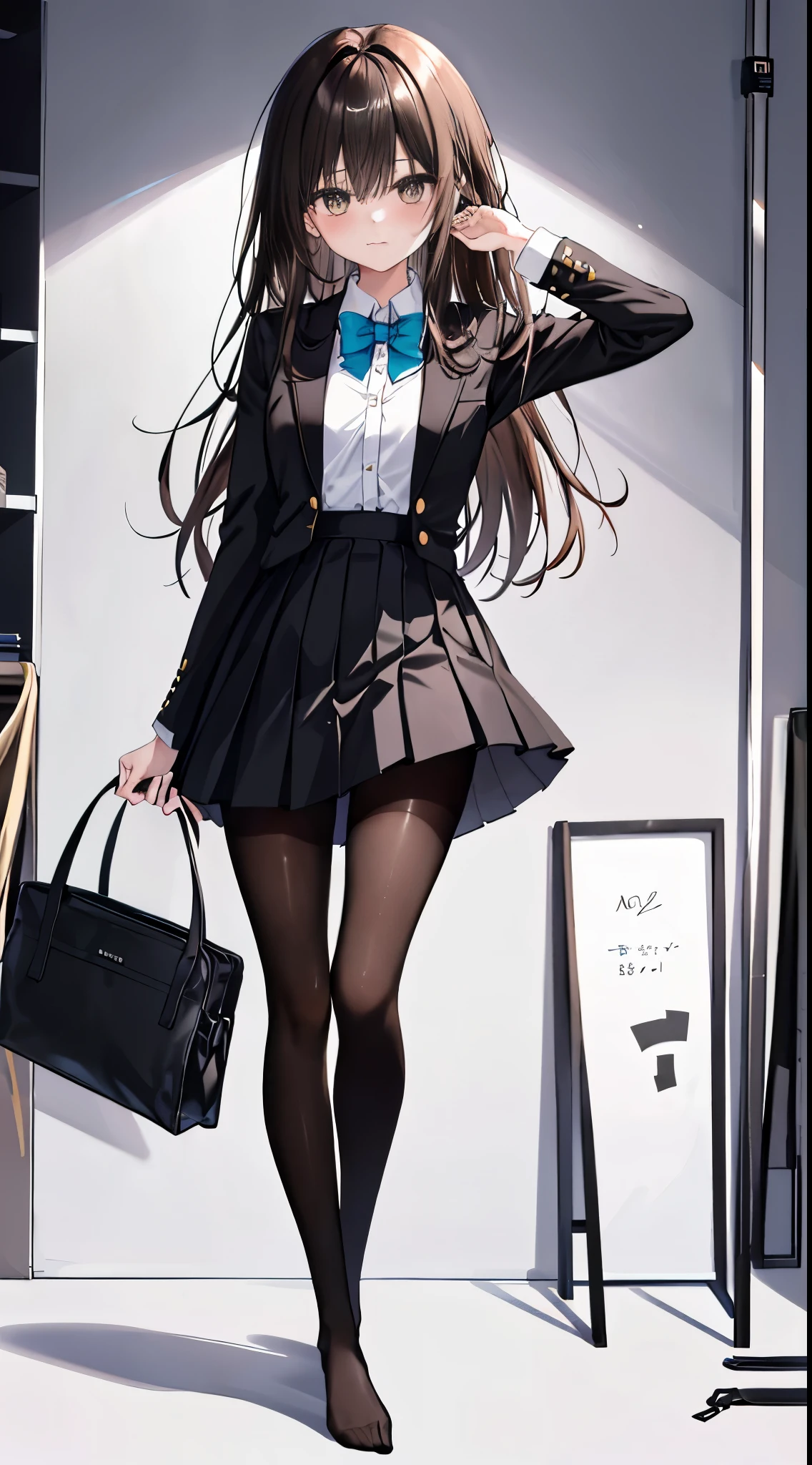 finest, masterpiece, High resolution, (Full body view from head to toe), front, frontやや下からの構図, Symmetrical, 18 year old girl, alone, (whole body from head to toe), small breasts, brown hair, slightly messy hair, long hair, bangs, (black tights), ( (black pantyhose), black pantyhose, (squating pose), show me your white panties, slender beautiful legs, とても美しい18 year old girl, (not wearing shoes), blush, shy big eyes, messy hair, looking at camera, show me your white panties, Blazer uniform appearance、Checkered pleated skirt、Pure white underwear