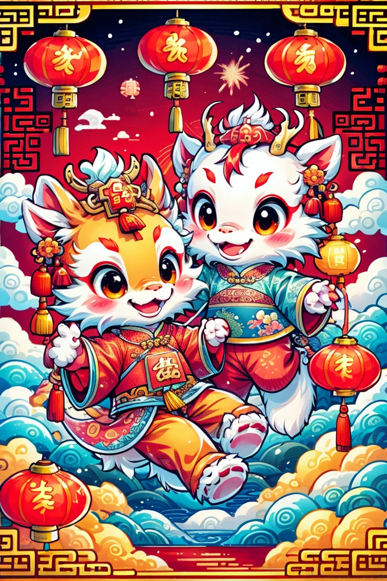 1 Chinese dragon，(China red:1.5)，medium shot，Chinese style，chinese palace，Spring Festival，lantern，fireworks，firecracker，flowers，clouds，stone fragment，Beautiful and delicate water，Wood grain flooring，Cute Chinese Dragon